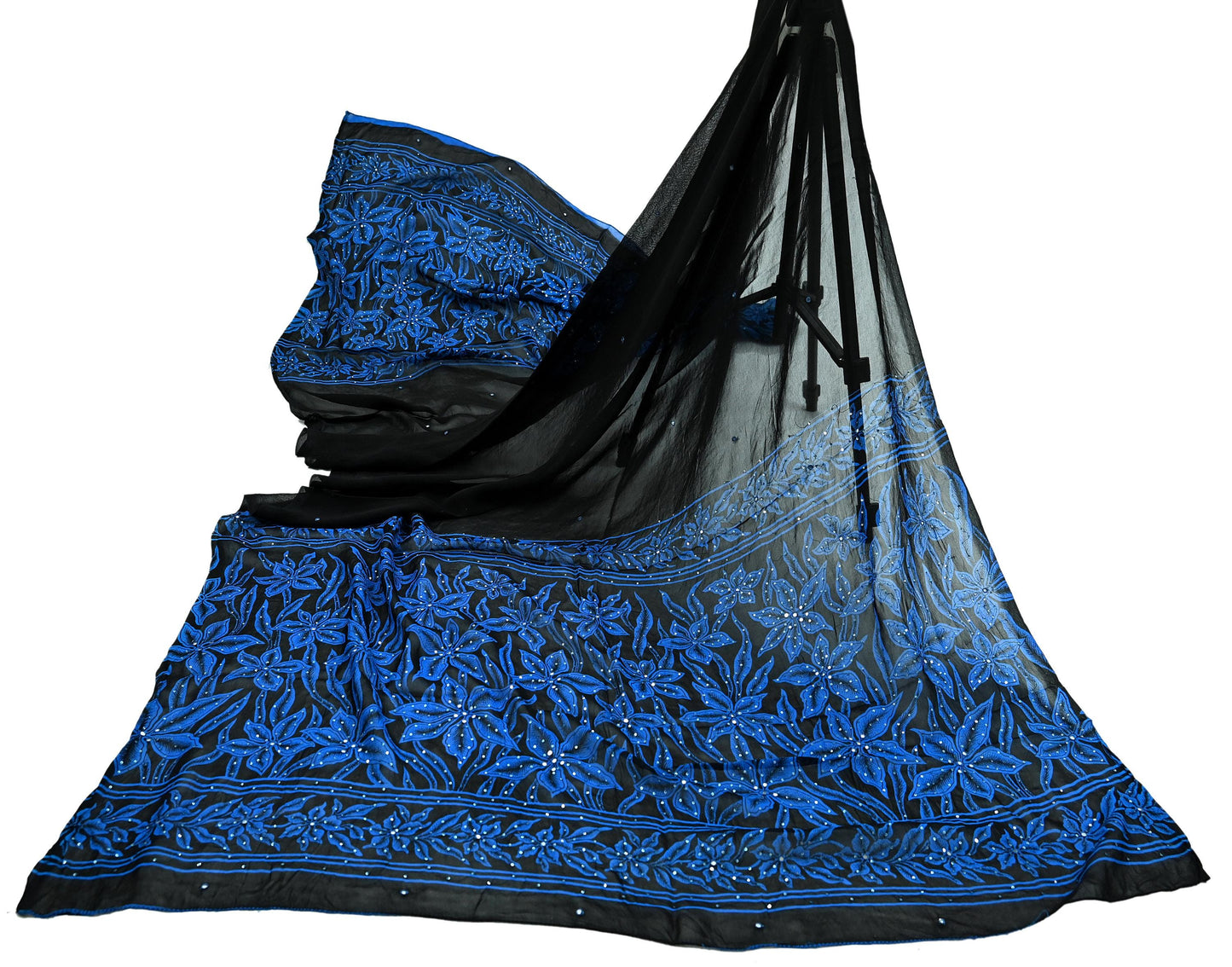 Indian Vintage Black Dupatta Long Stole Blend Georgette Hand Embroidered Printed Scarves Veil Scarf Wrap Hippie Boho
