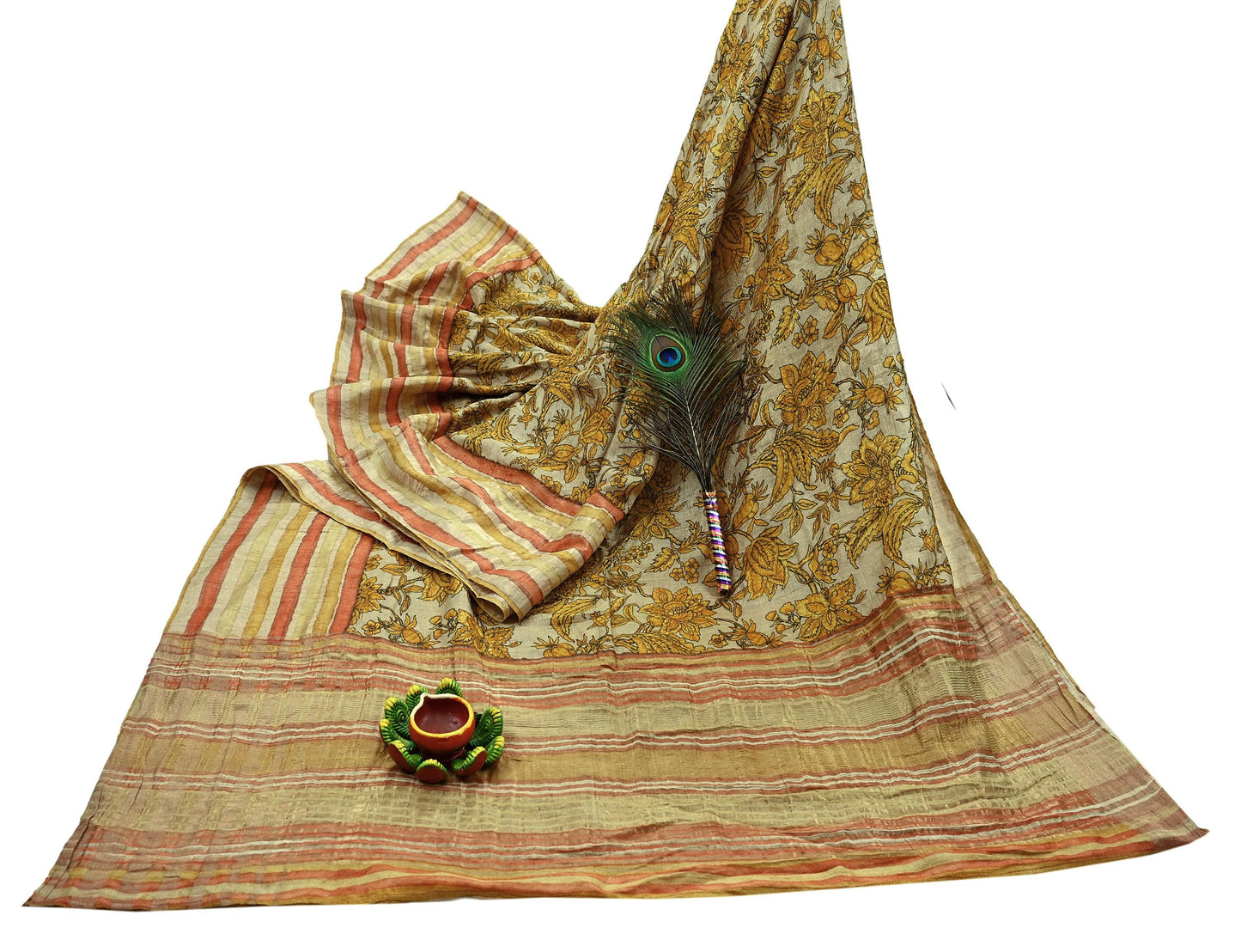 Indian Vintage Beige Saree Pure Khadi Silk Handloom Woven Zari Sari Craft Fabric 5yd Ethnic Wear Border Dress making Upcycle Fringes