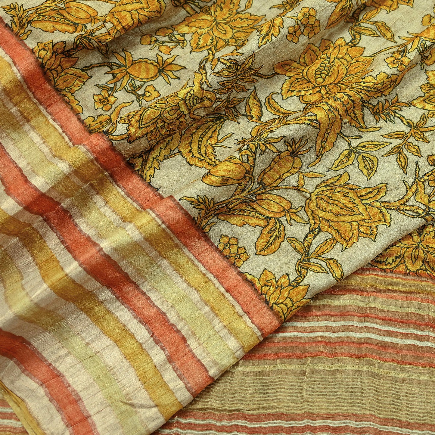 Indian Vintage Beige Saree Pure Khadi Silk Handloom Woven Zari Sari Craft Fabric 5yd Ethnic Wear Border Dress making Upcycle Fringes