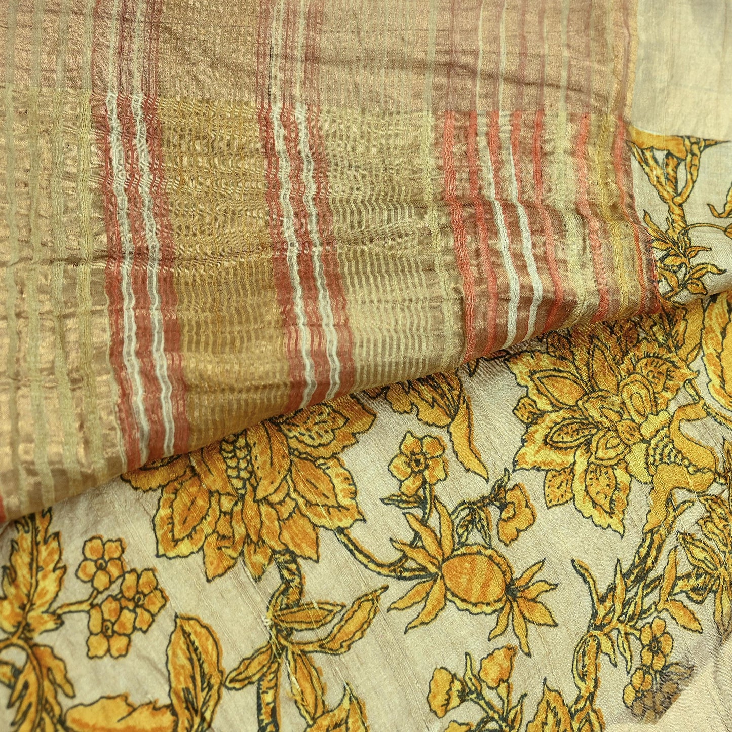 Indian Vintage Beige Saree Pure Khadi Silk Handloom Woven Zari Sari Craft Fabric 5yd Ethnic Wear Border Dress making Upcycle Fringes