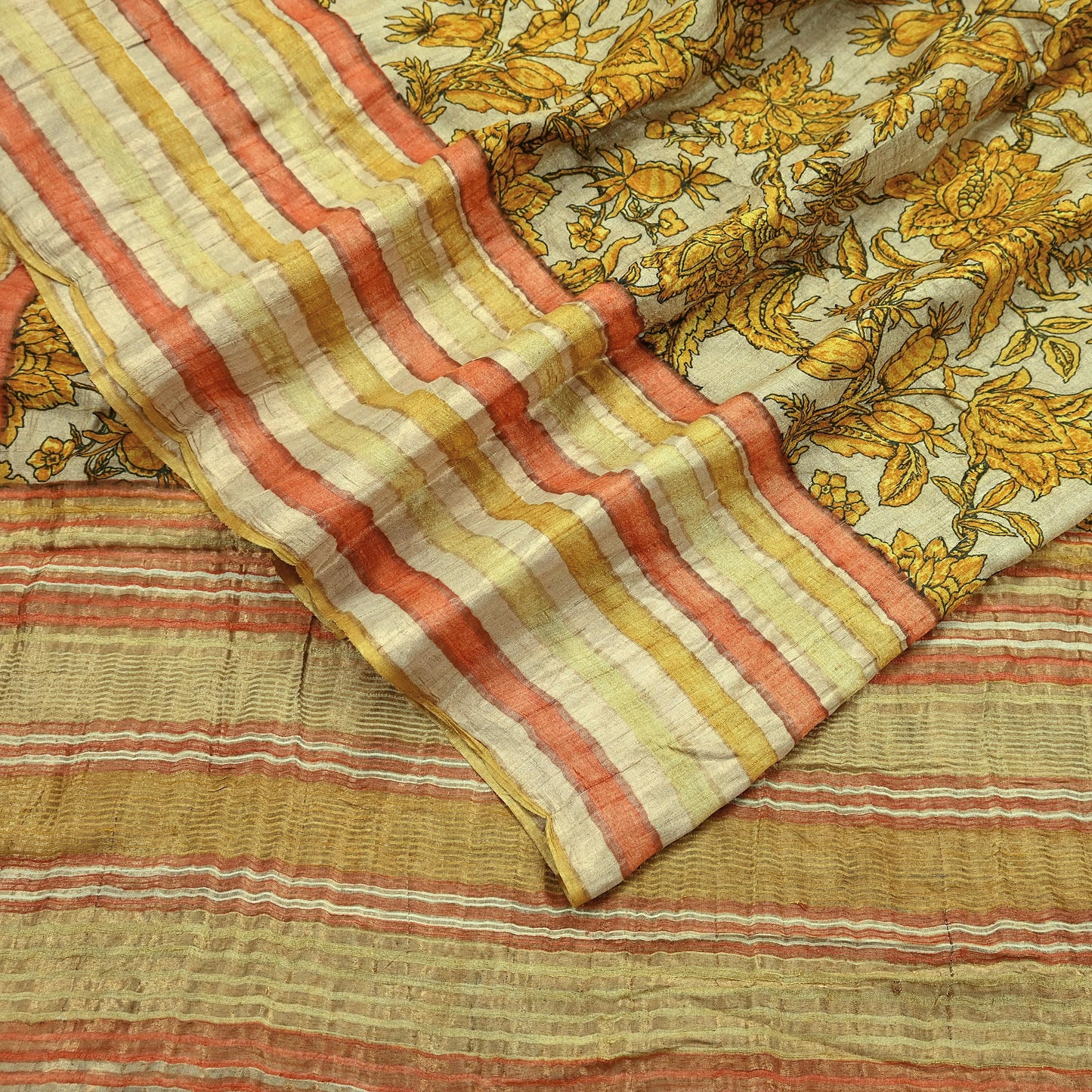 Indian Vintage Beige Saree Pure Khadi Silk Handloom Woven Zari Sari Craft Fabric 5yd Ethnic Wear Border Dress making Upcycle Fringes