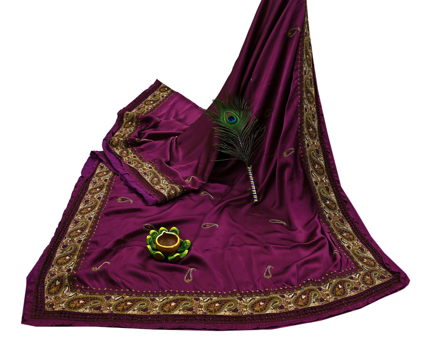Indian Vintage Heavy Purple Sari Hand Embroidered Saree 100% Pure Satin Silk Craft Fabric 5yd Soft Wedding/Party Wear