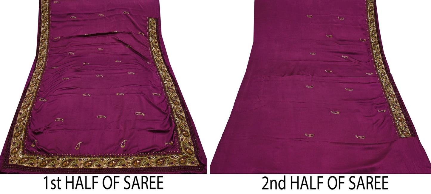 Indian Vintage Heavy Purple Sari Hand Embroidered Saree 100% Pure Satin Silk Craft Fabric 5yd Soft Wedding/Party Wear
