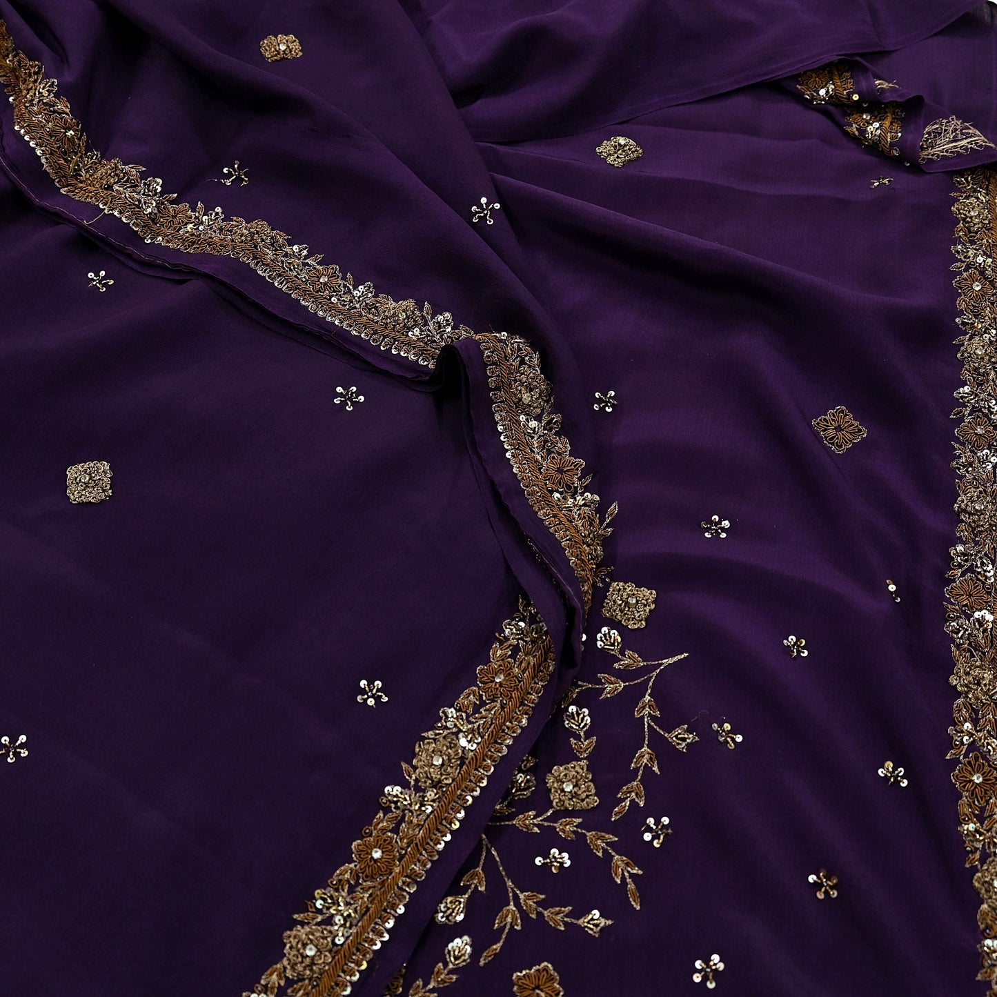 Indian Vintage Purple Saree Pure Crepe Silk Hand Embroidered Sari Craft Fabric 5Yd Sewing Soft Zardozi/Dabka Dress making