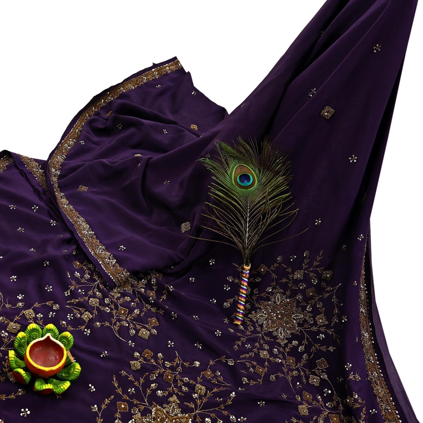 Indian Vintage Purple Saree Pure Crepe Silk Hand Embroidered Sari Craft Fabric 5Yd Sewing Soft Zardozi/Dabka Dress making