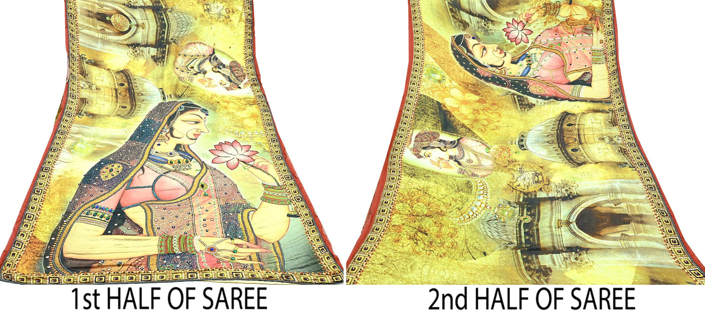 Indian Vintage Heavy Sari Hand Embroidered Digital Saree 100% Pure Satin Silk Craft Fabric 5yd Soft Dress making Dress Designing Crafting