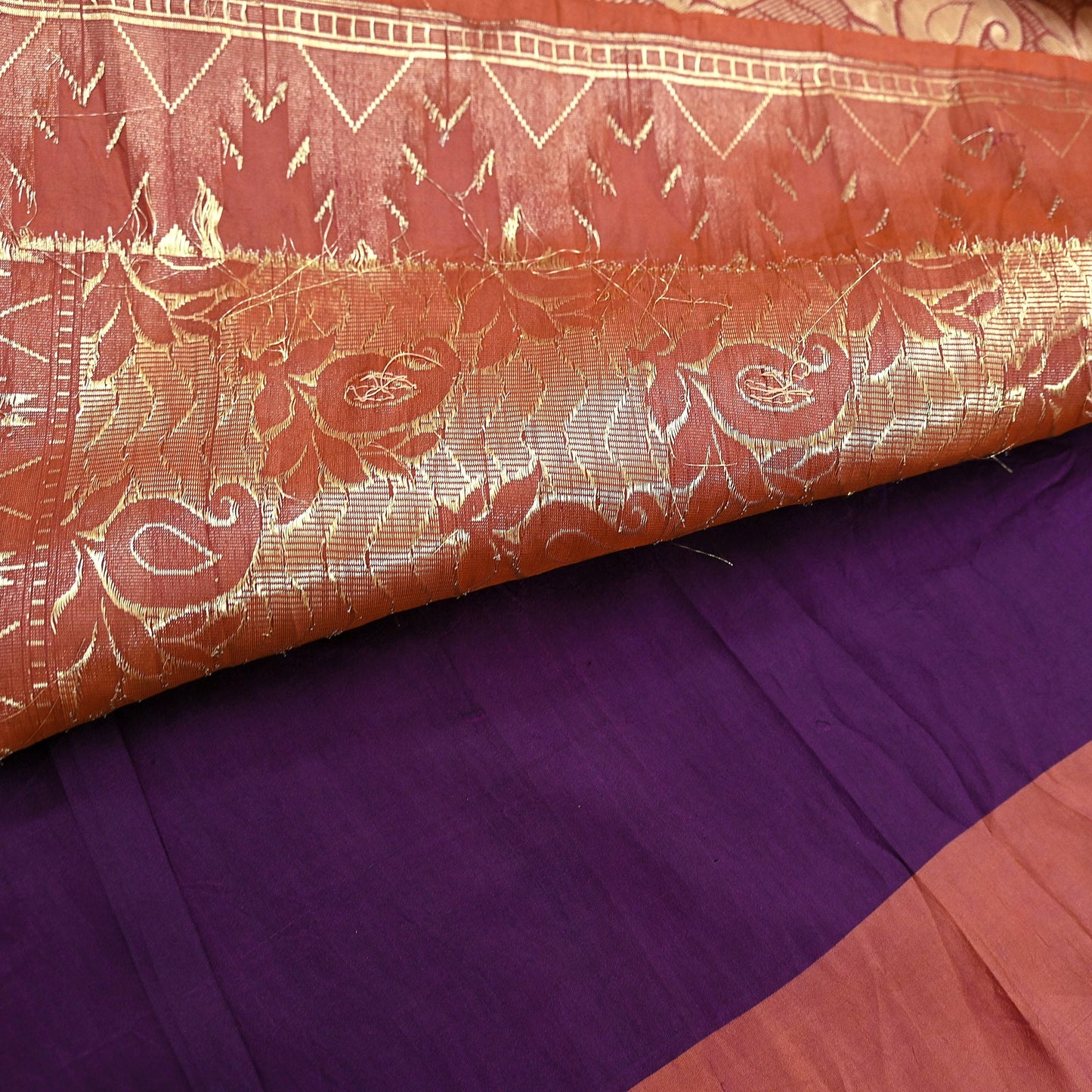 Indian Vintage Saree Purple & Brown Hand Woven Pure Silk Sari Craft Fabric 5Yd Ethnic Floral Golden Zari Dress making For Crafting Quilting