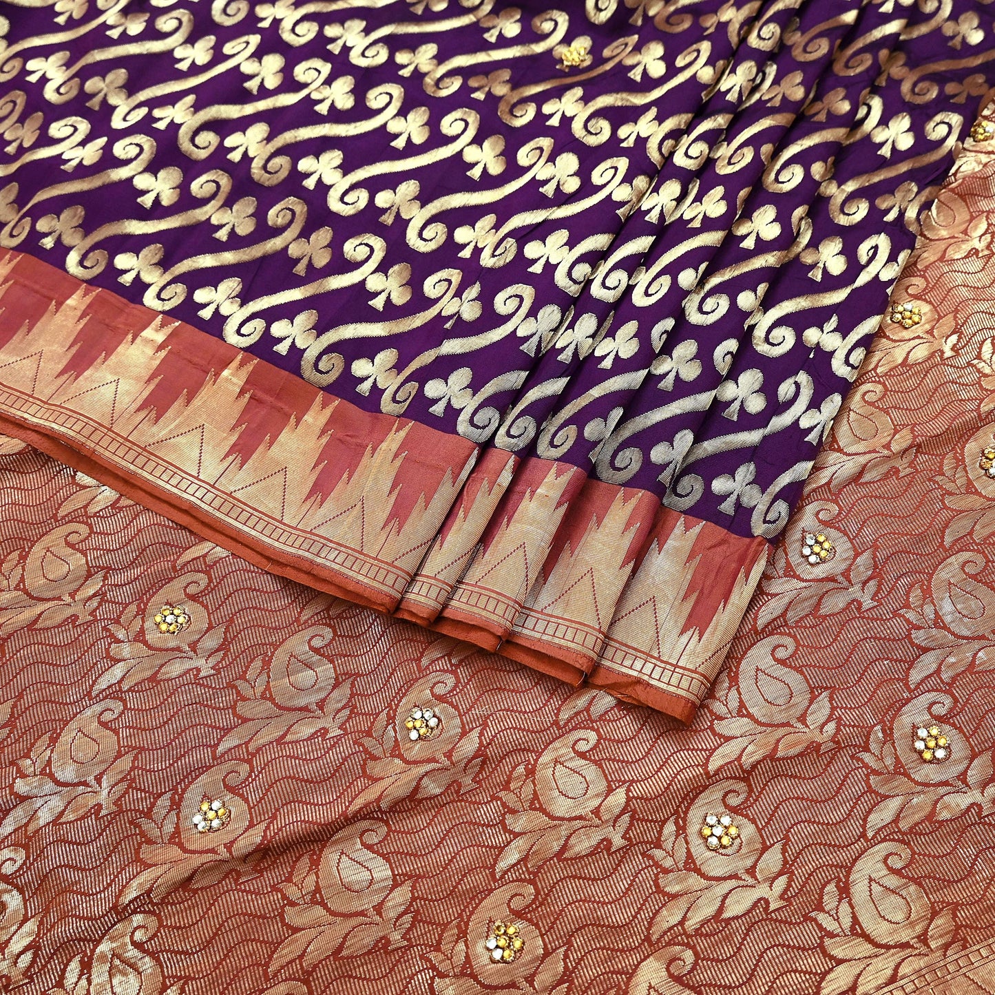 Indian Vintage Saree Purple & Brown Hand Woven Pure Silk Sari Craft Fabric 5Yd Ethnic Floral Golden Zari Dress making For Crafting Quilting