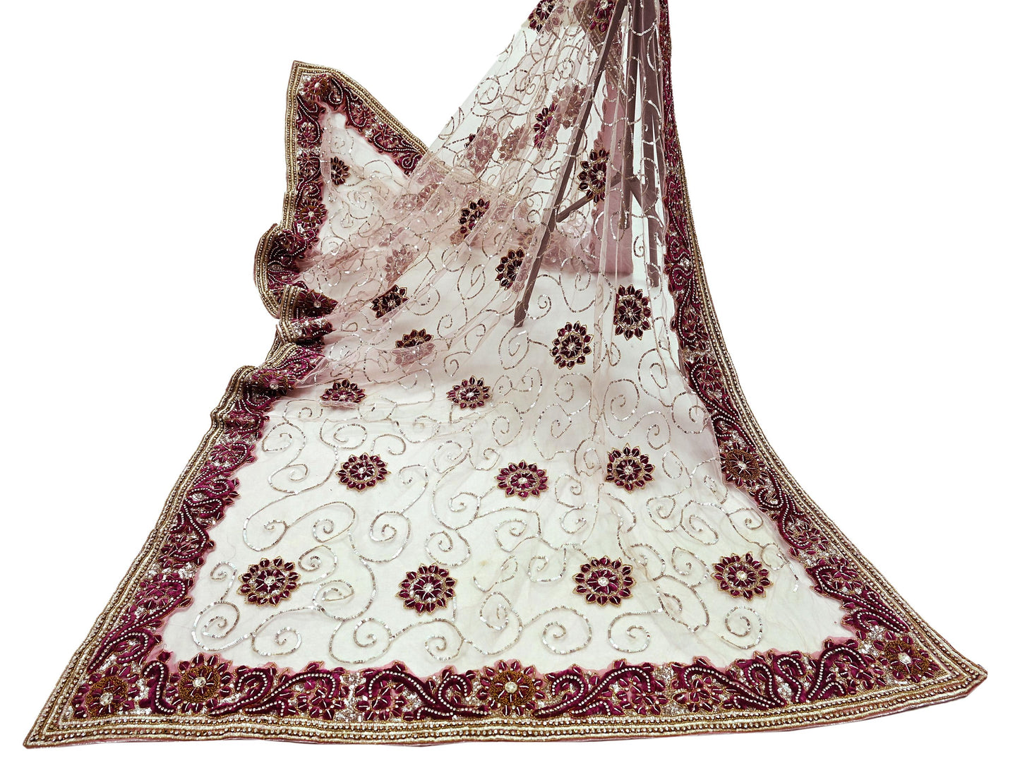Indian Vintage Heavy Bridal Pink Dupatta Net Mesh Long Stole Hand Embroidered Scarves Silver Zardozi Dabka Zari Sequins Wedding veil