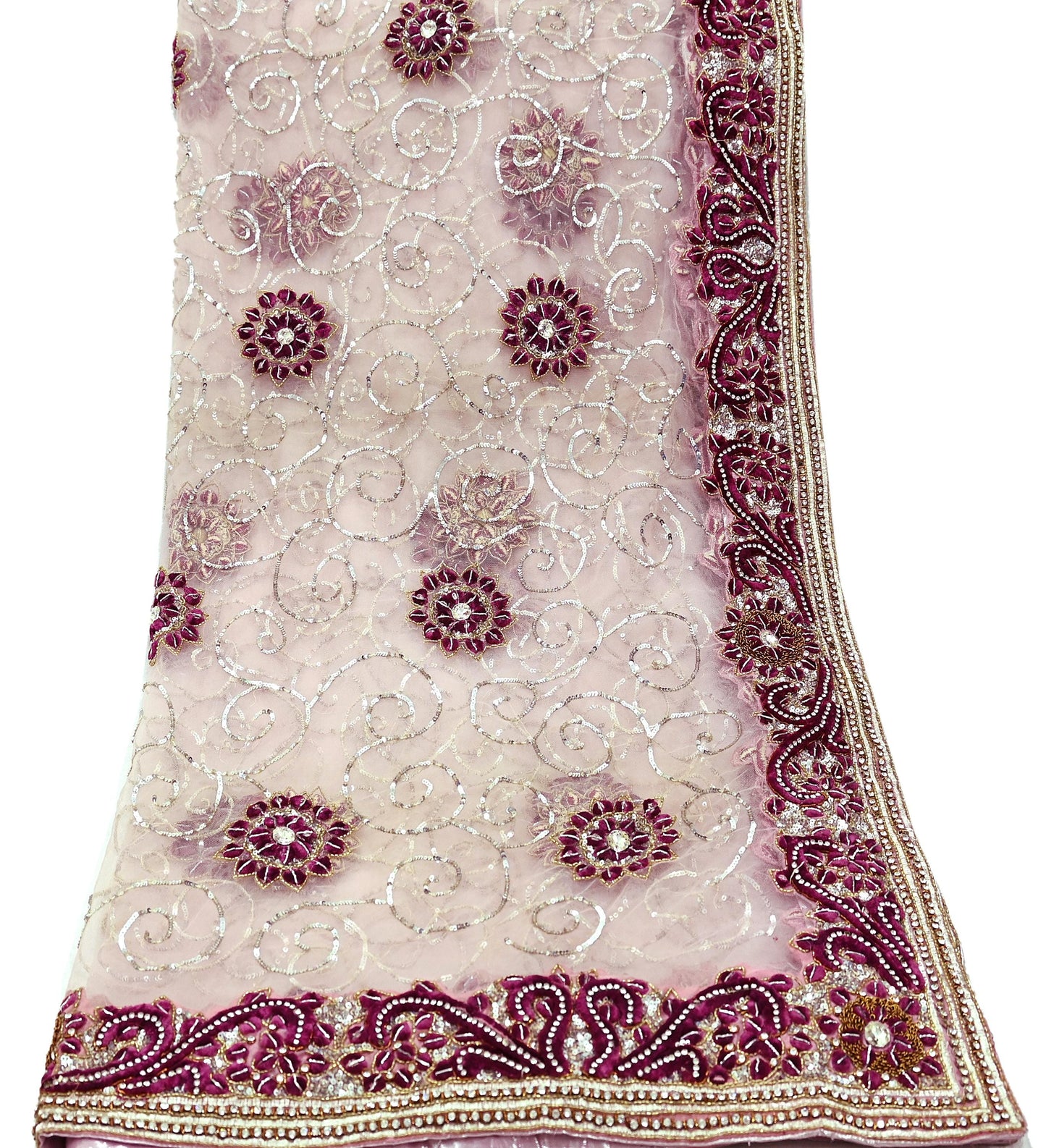Indian Vintage Heavy Bridal Pink Dupatta Net Mesh Long Stole Hand Embroidered Scarves Silver Zardozi Dabka Zari Sequins Wedding veil