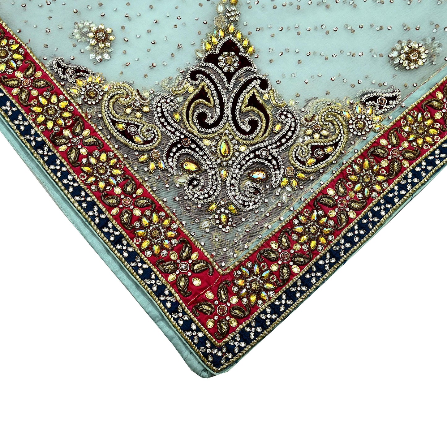 Indian Vintage Heavy Wedding Blue Dupatta Net Mesh Long Stole Hand Embroidered Scarves Zardozi Dabka Zari Bridal Wear