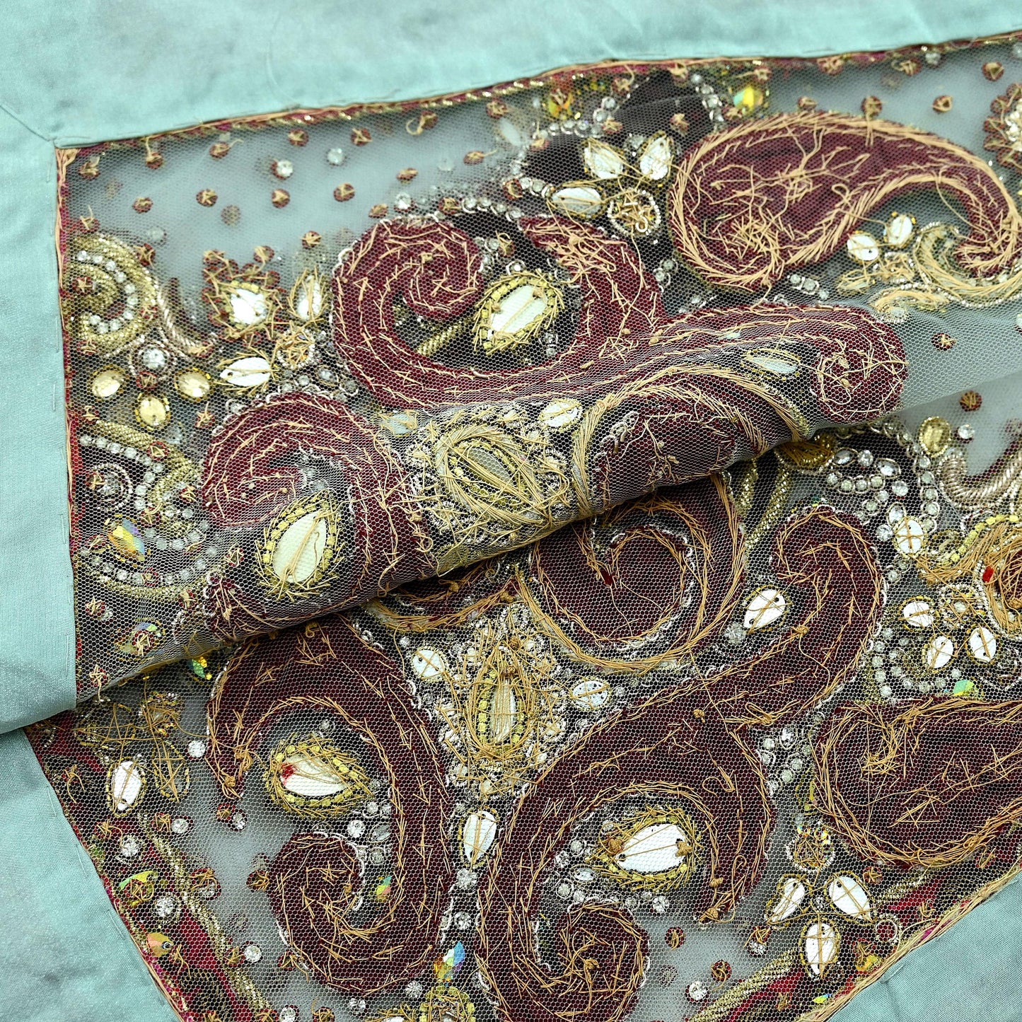 Indian Vintage Heavy Wedding Blue Dupatta Net Mesh Long Stole Hand Embroidered Scarves Zardozi Dabka Zari Bridal Wear
