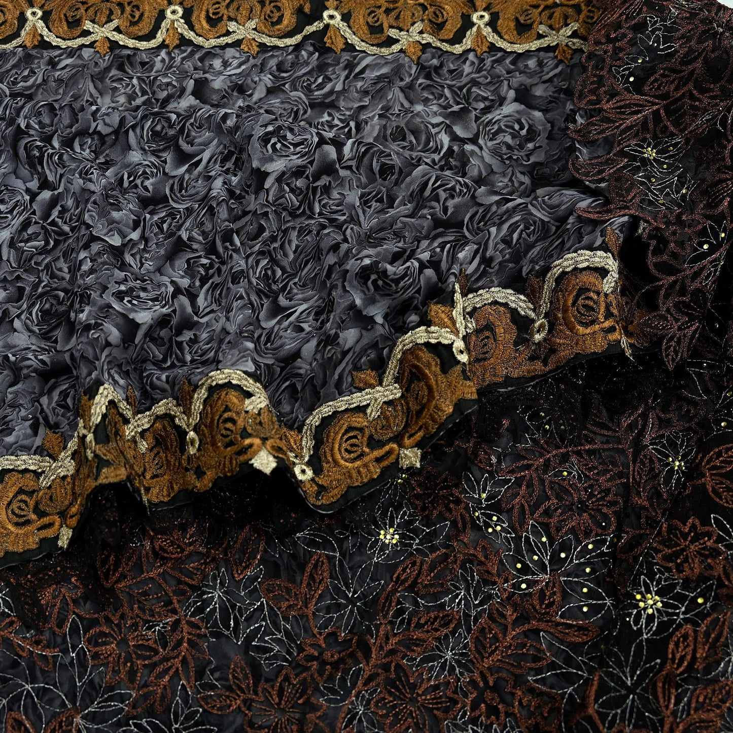 Indian Vintage Sari Black Pure Georgette Silk Net/Mesh Hand Beaded Sarees Fabric 6Yd Sewing Ethnic With Matching Unstitched Blouse Fabric