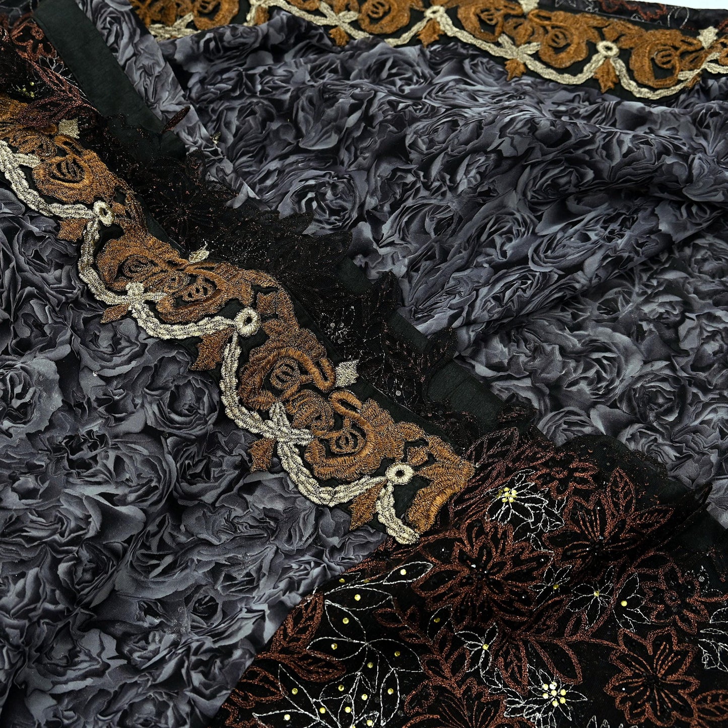 Indian Vintage Sari Black Pure Georgette Silk Net/Mesh Hand Beaded Sarees Fabric 6Yd Sewing Ethnic With Matching Unstitched Blouse Fabric