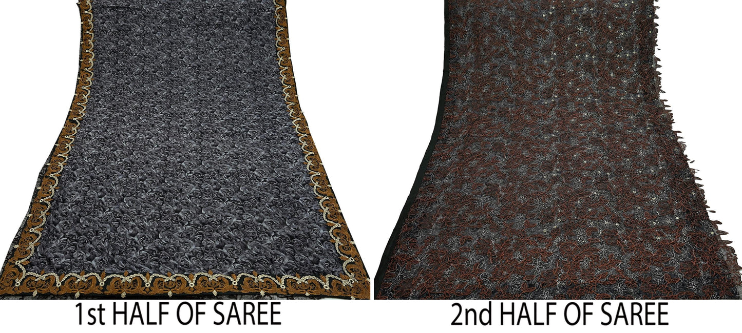 Indian Vintage Sari Black Pure Georgette Silk Net/Mesh Hand Beaded Sarees Fabric 6Yd Sewing Ethnic With Matching Unstitched Blouse Fabric