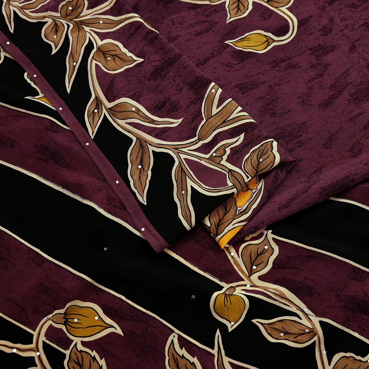 Indian Vintage Brown Saree Pure Crepe Silk Block Printed Sari 5yd Sewing Floral Soft Craft Fabric Wrap Dress Making Crafting Quilting