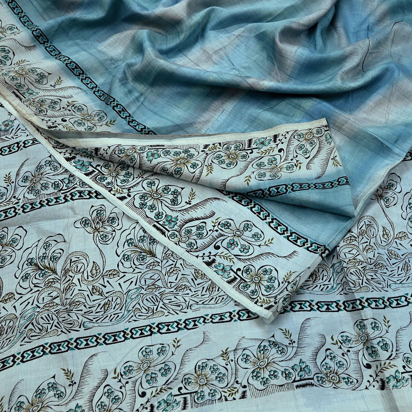 Indian Vintage Sari Gray & Blue Pure Silk Printed Saree 5yd Craft Fabric Sewing Floral Soft Dress Making Wrap used Quilting Crafting Upcycle