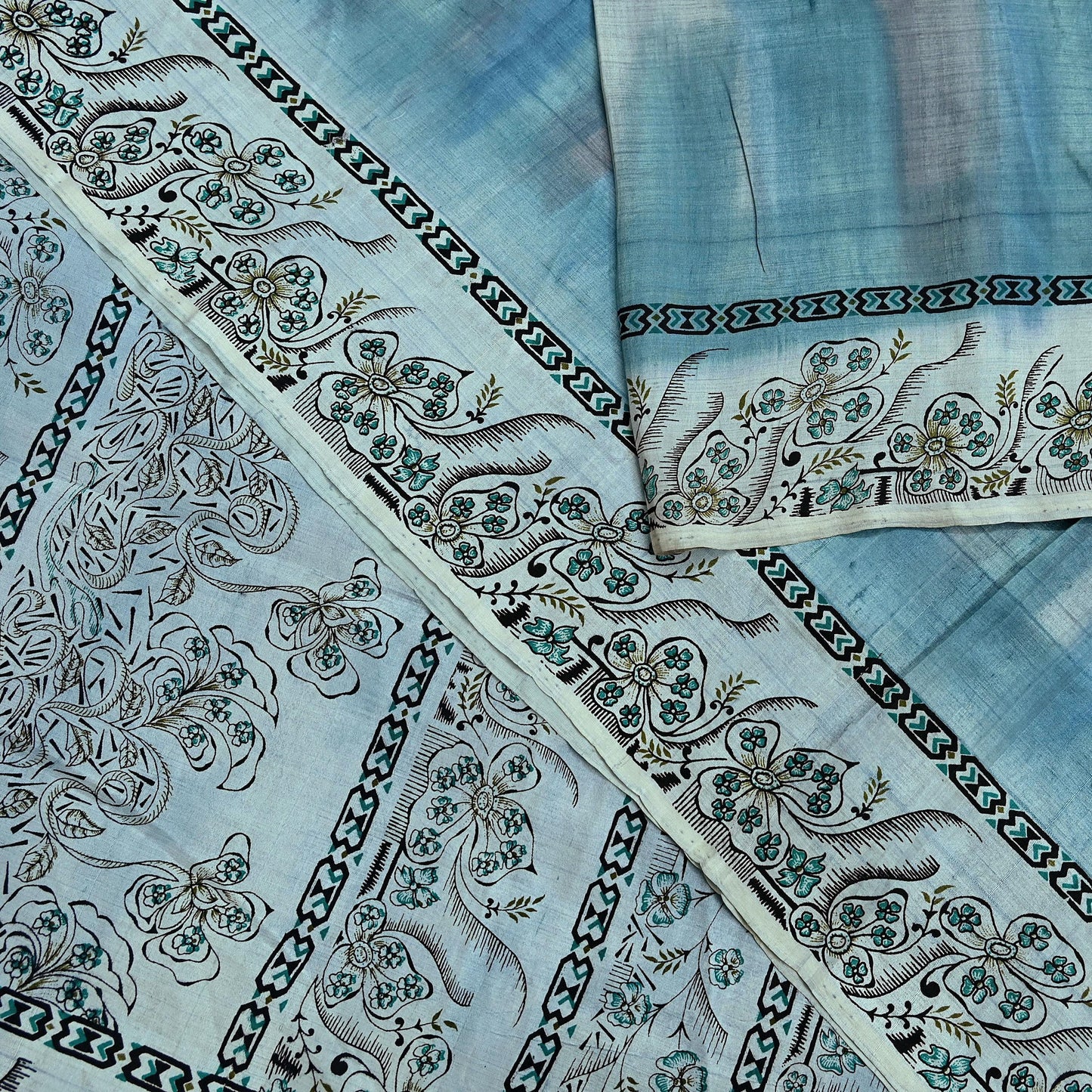 Indian Vintage Sari Gray & Blue Pure Silk Printed Saree 5yd Craft Fabric Sewing Floral Soft Dress Making Wrap used Quilting Crafting Upcycle