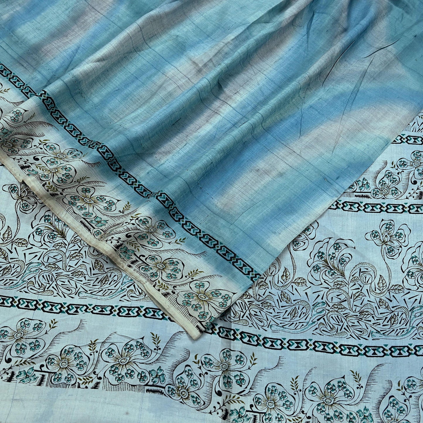 Indian Vintage Sari Gray & Blue Pure Silk Printed Saree 5yd Craft Fabric Sewing Floral Soft Dress Making Wrap used Quilting Crafting Upcycle