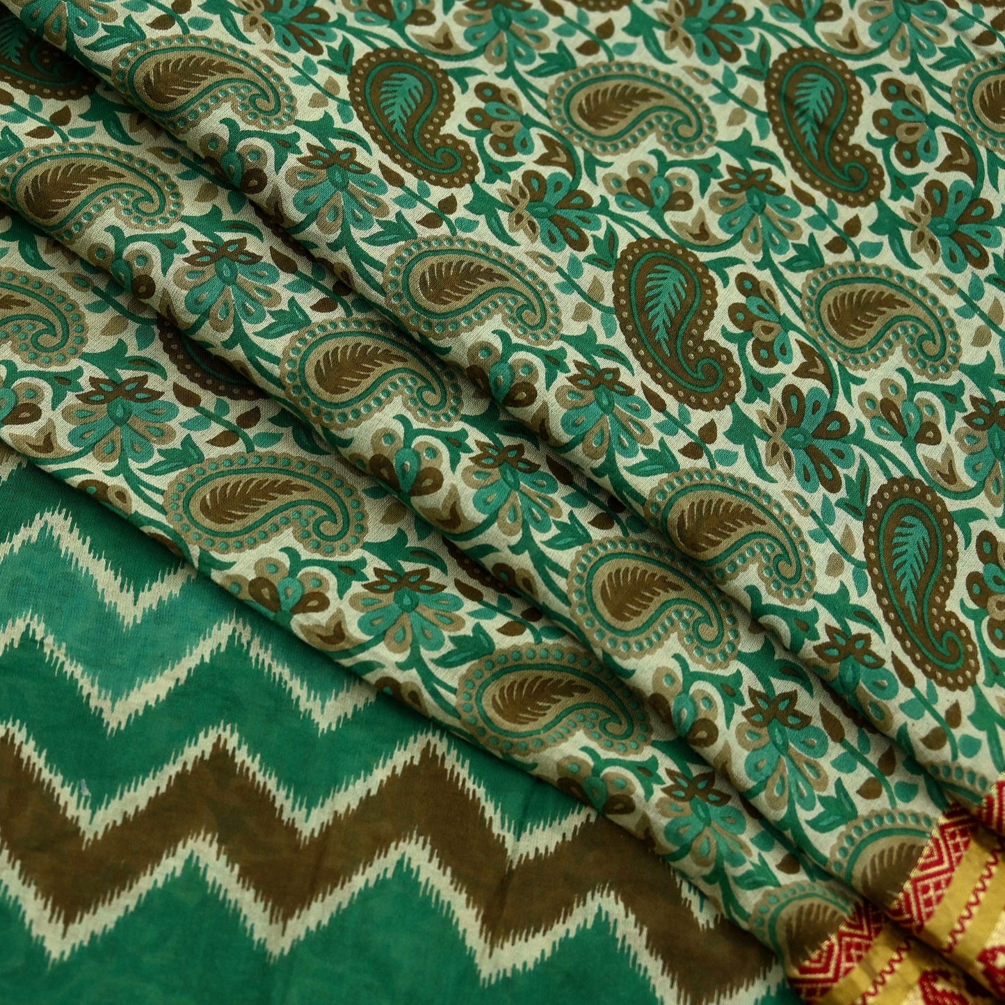 Indian Vintage Sari Beige & Green Pure Cotton Printed Sarees Craft Fabric Soft 5Yd Sarong Wrap Boho Paisley Kimono Quilting Crafting Upcycle