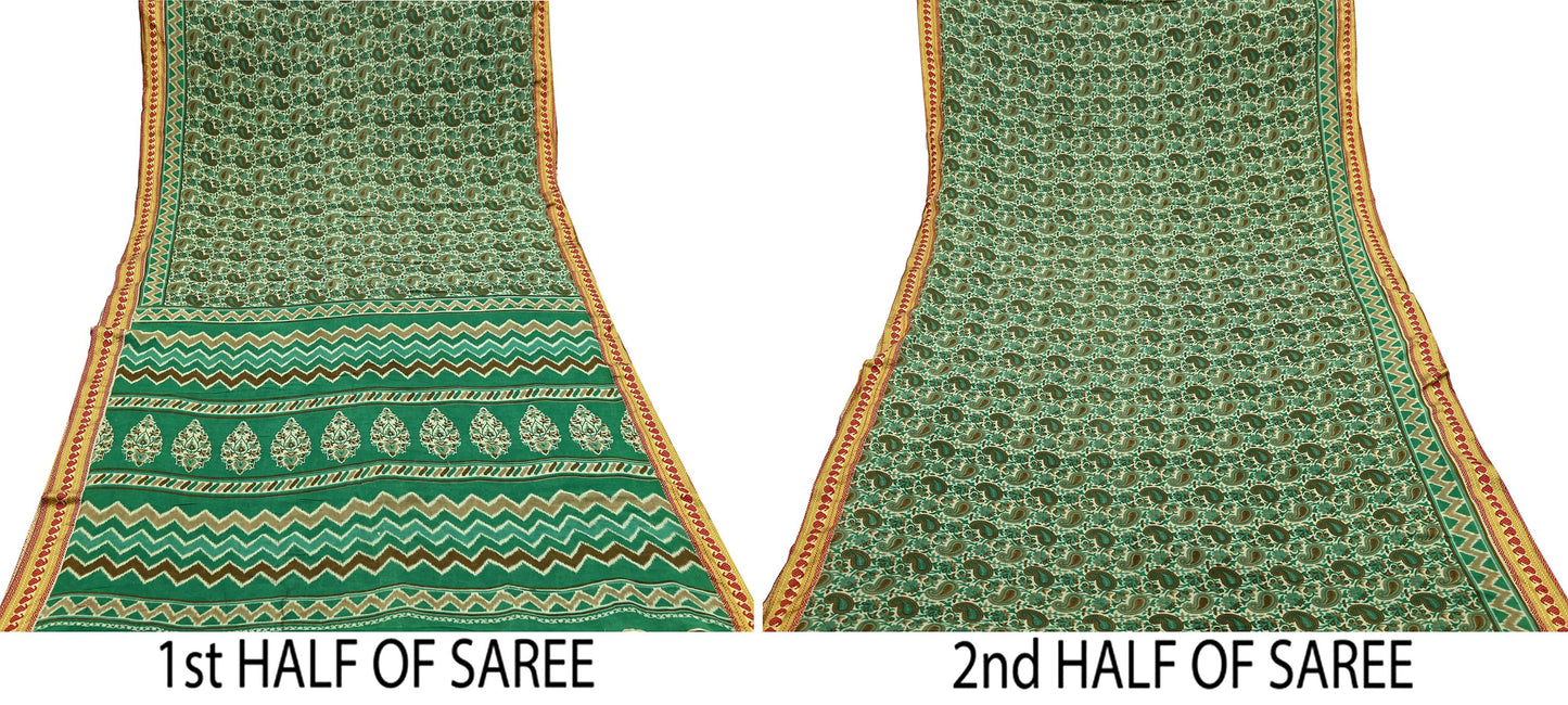 Indian Vintage Sari Beige & Green Pure Cotton Printed Sarees Craft Fabric Soft 5Yd Sarong Wrap Boho Paisley Kimono Quilting Crafting Upcycle