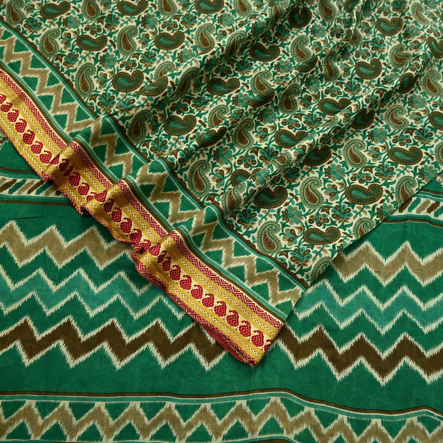 Indian Vintage Sari Beige & Green Pure Cotton Printed Sarees Craft Fabric Soft 5Yd Sarong Wrap Boho Paisley Kimono Quilting Crafting Upcycle