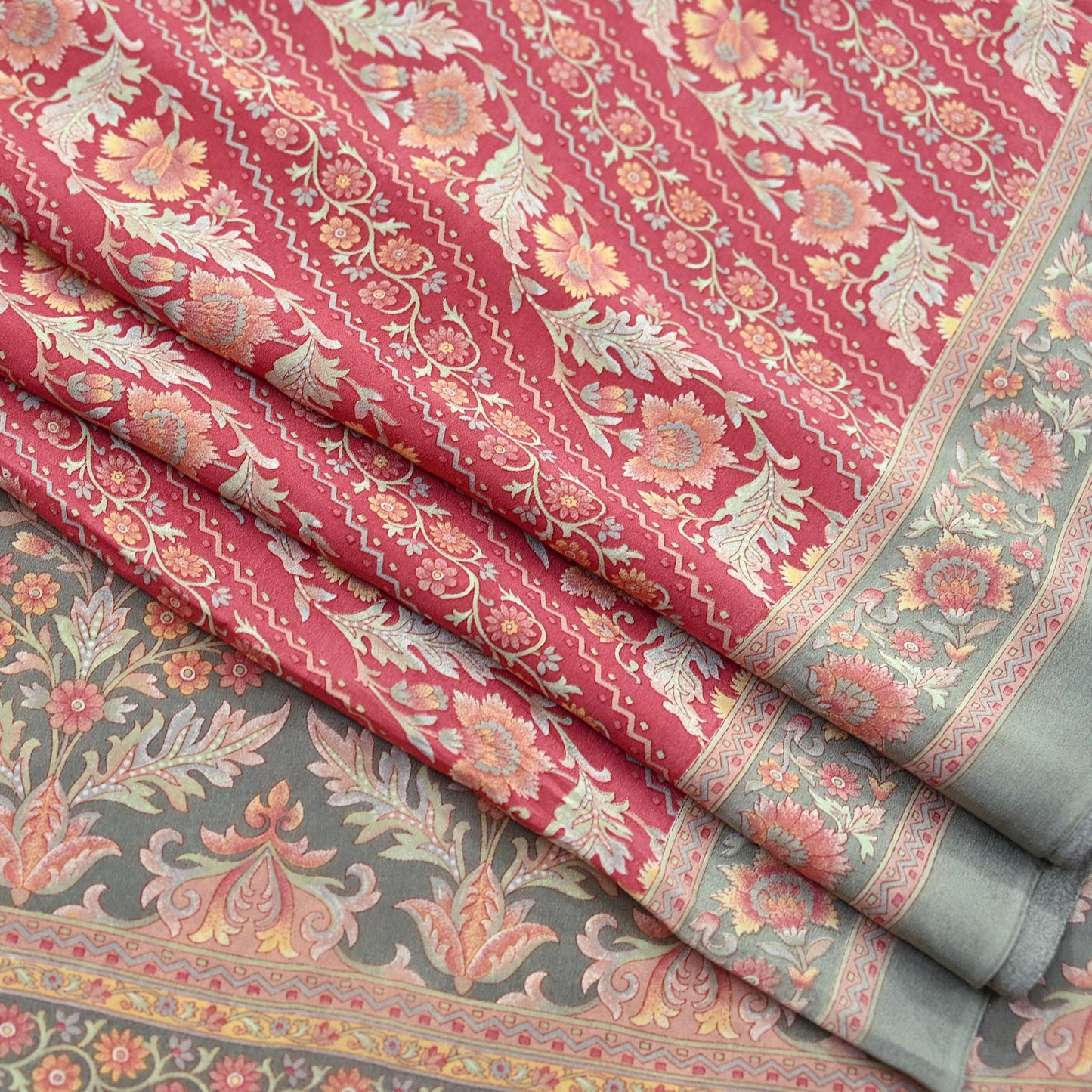 Indian Vintage Sari Green & Pink Pure Crepe Silk Printed Saree 6yd Sewing Floral Soft Craft Fabric Wrap Dress making Crafting Quilting