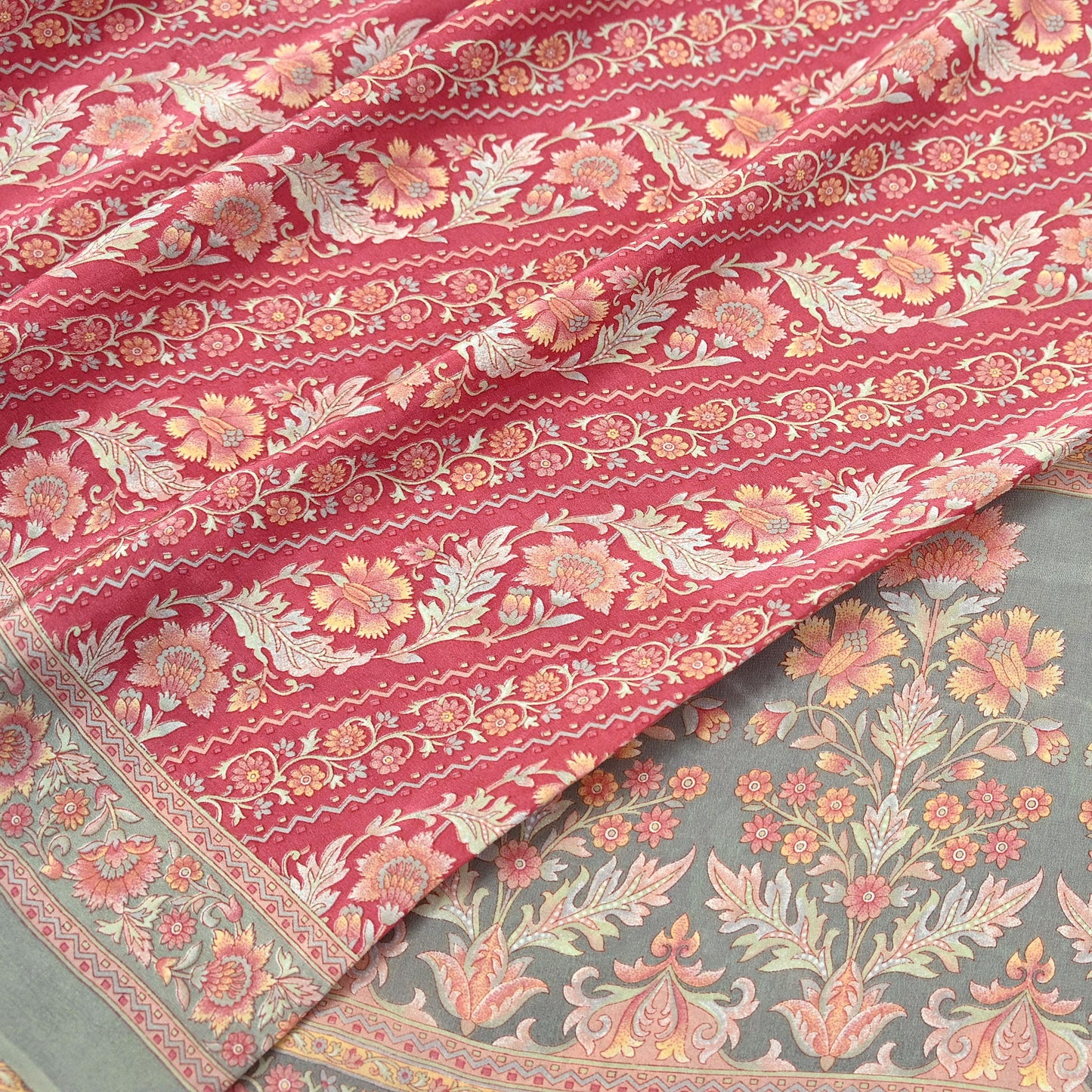 Indian Vintage Sari Green & Pink Pure Crepe Silk Printed Saree 6yd Sewing Floral Soft Craft Fabric Wrap Dress making Crafting Quilting