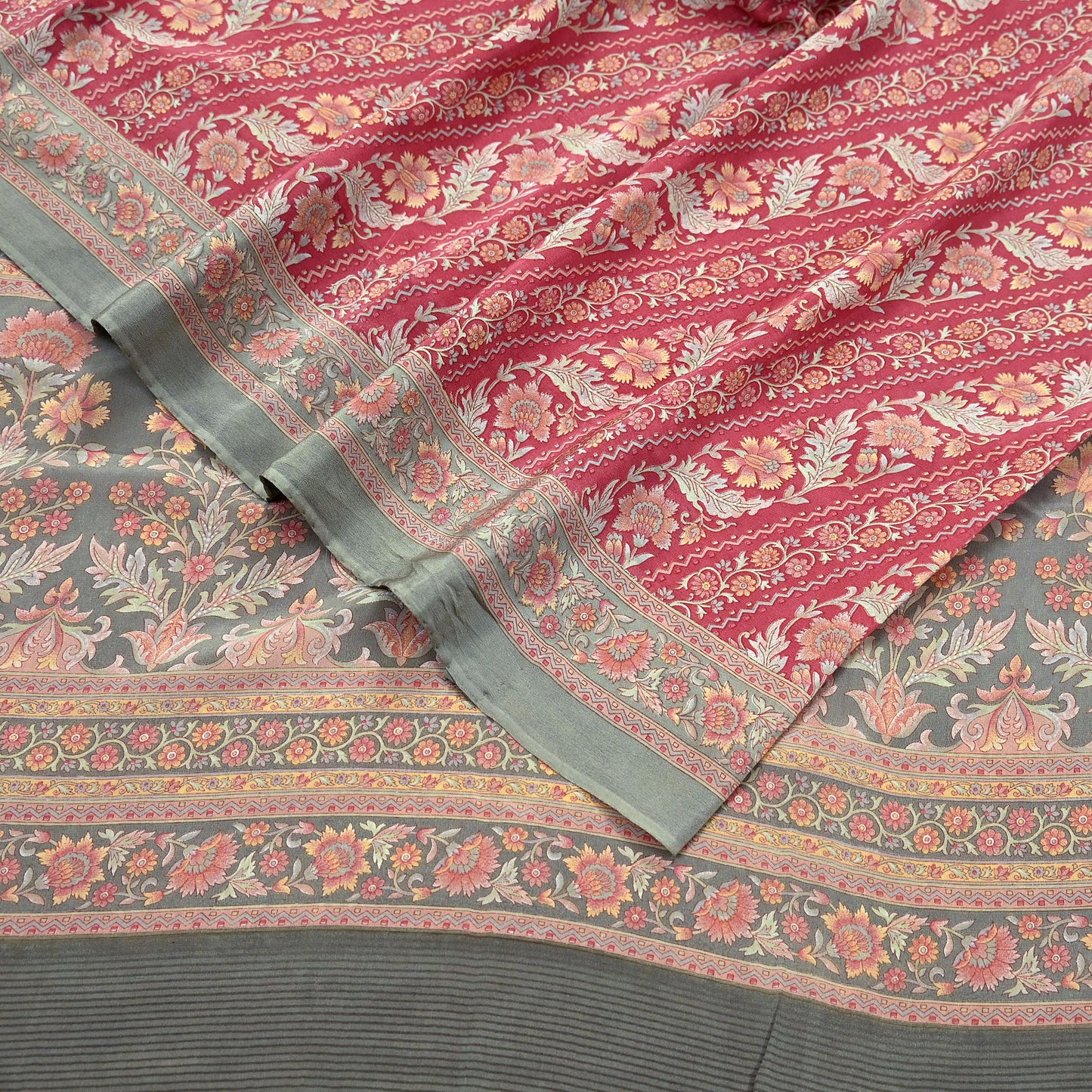 Indian Vintage Sari Green & Pink Pure Crepe Silk Printed Saree 6yd Sewing Floral Soft Craft Fabric Wrap Dress making Crafting Quilting