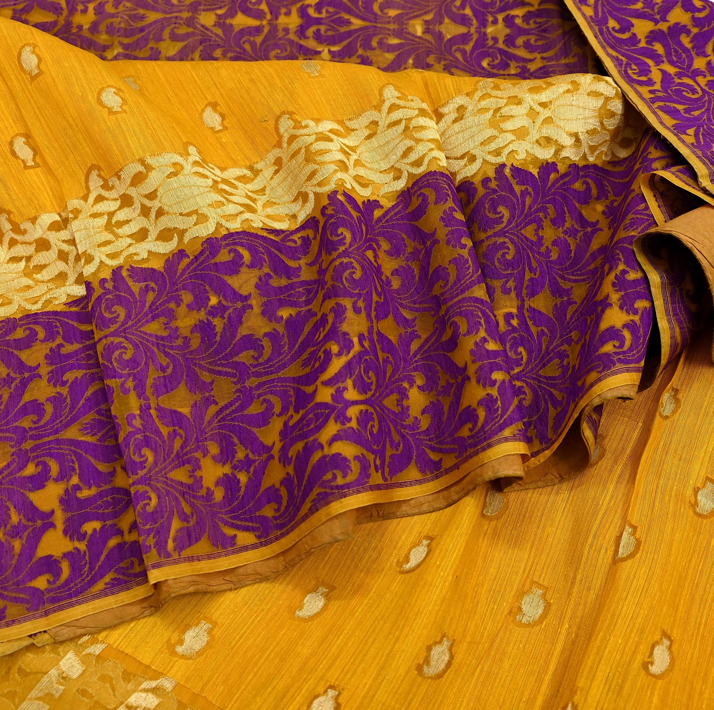 Indian Vintage Sari Saffron Hand Woven 100% Pure Organza Silk Saree Craft Fabric 5Yd Dress Making Crafting Quilting Upcycle