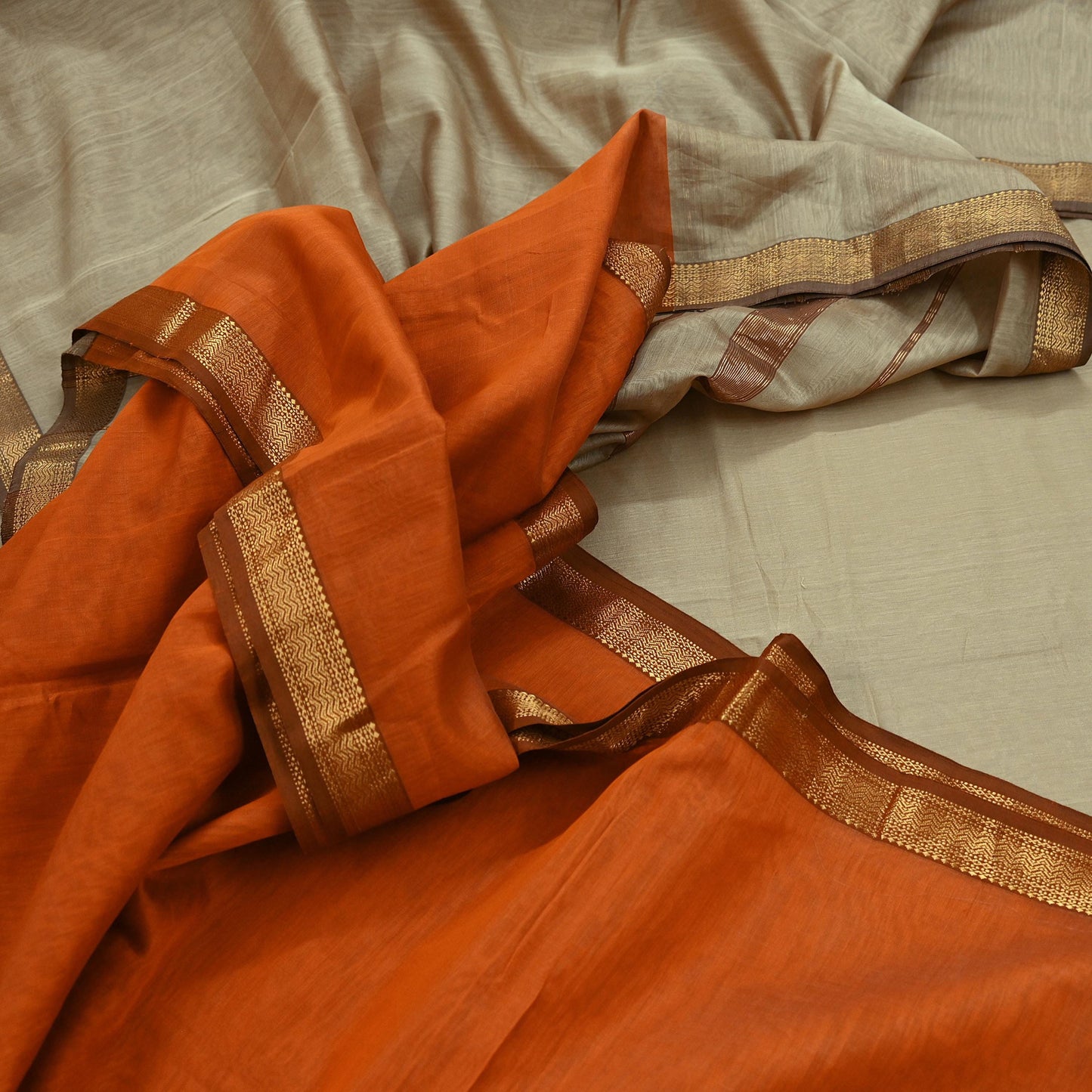 Indian Vintage Sari Orange & Beige Pure chanderi Silk Woven Sarees Craft Fabric 8Yd Soft Golden Zari Bollywood Sarees Crafting Upcycle