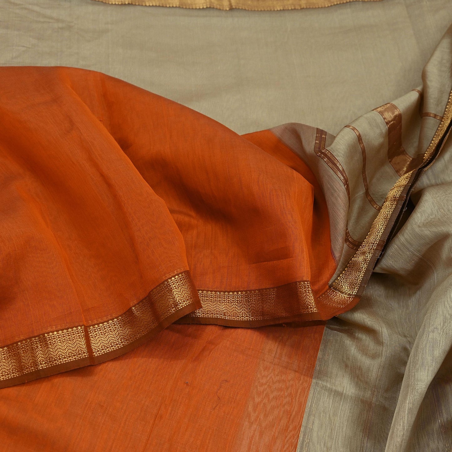 Indian Vintage Sari Orange & Beige Pure chanderi Silk Woven Sarees Craft Fabric 8Yd Soft Golden Zari Bollywood Sarees Crafting Upcycle