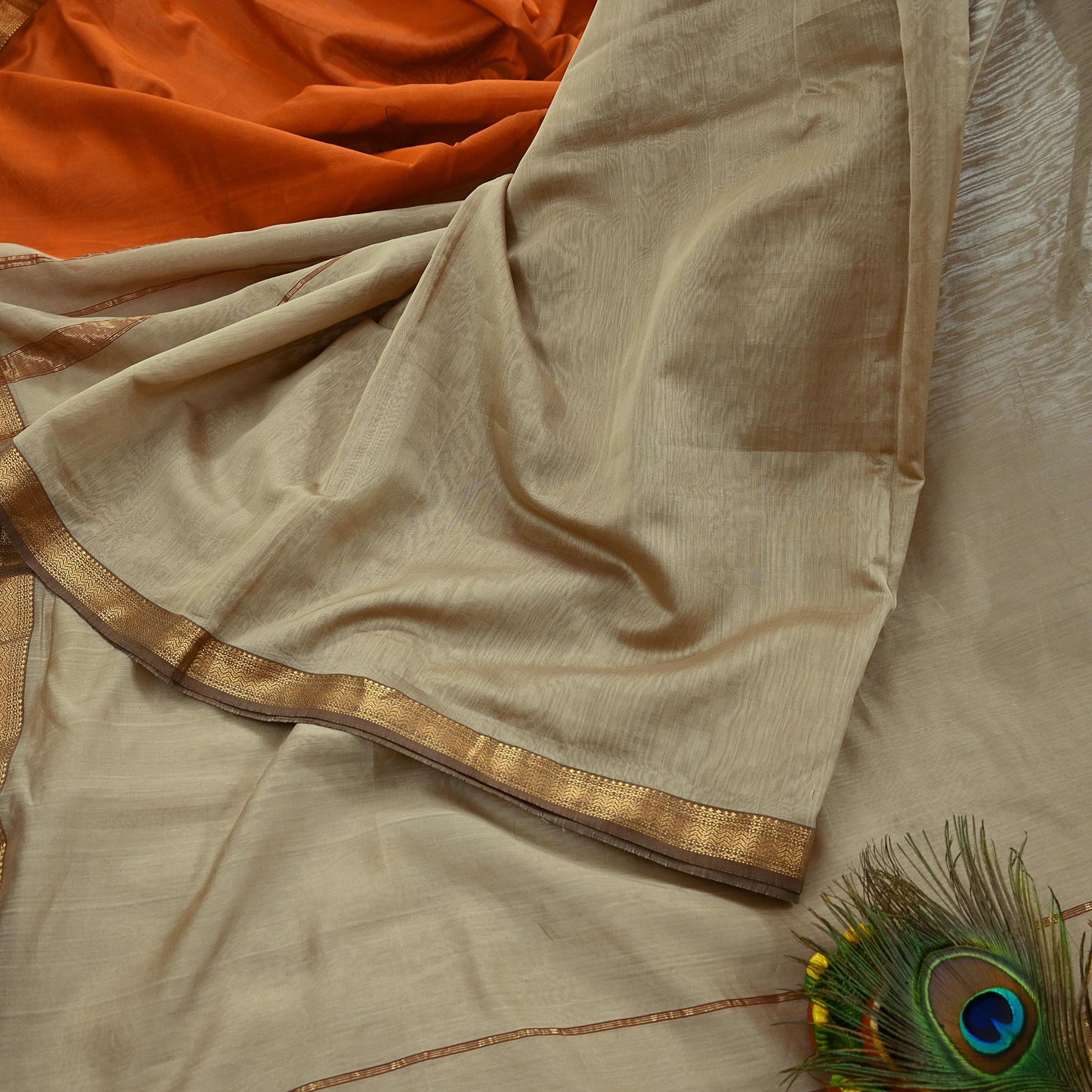 Indian Vintage Sari Orange & Beige Pure chanderi Silk Woven Sarees Craft Fabric 8Yd Soft Golden Zari Bollywood Sarees Crafting Upcycle