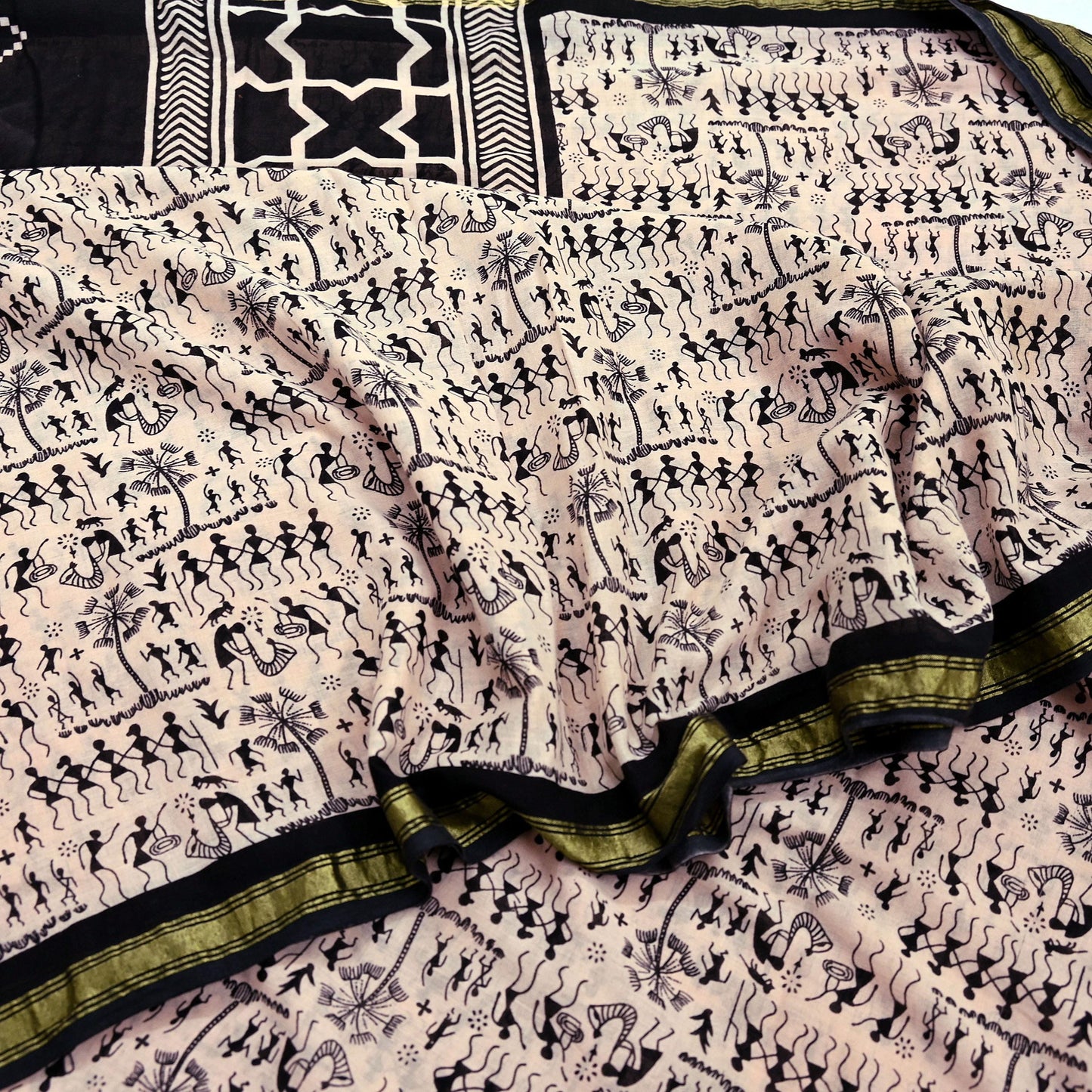 Indian Vintage Sari Peach & Black Pure Cotton Warli Print Saree 5Yd Craft Fabric Soft Sewing Sarong Wrap Boho Quilting Crafting Used Upcycle