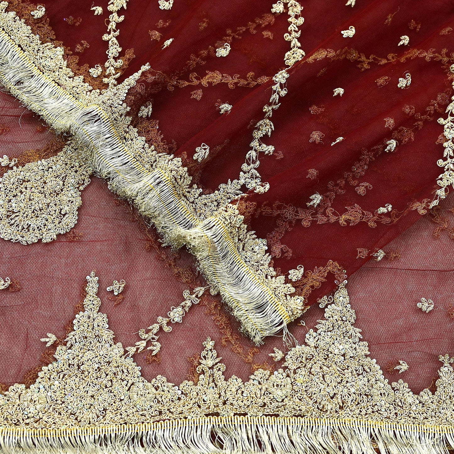 Indian Vintage Heavy Wedding Maroon Dupatta Net Mesh Long Stole Hand Embroidered Scarves Golden Zardozi Zari Sequins Dridal Veil Hijab