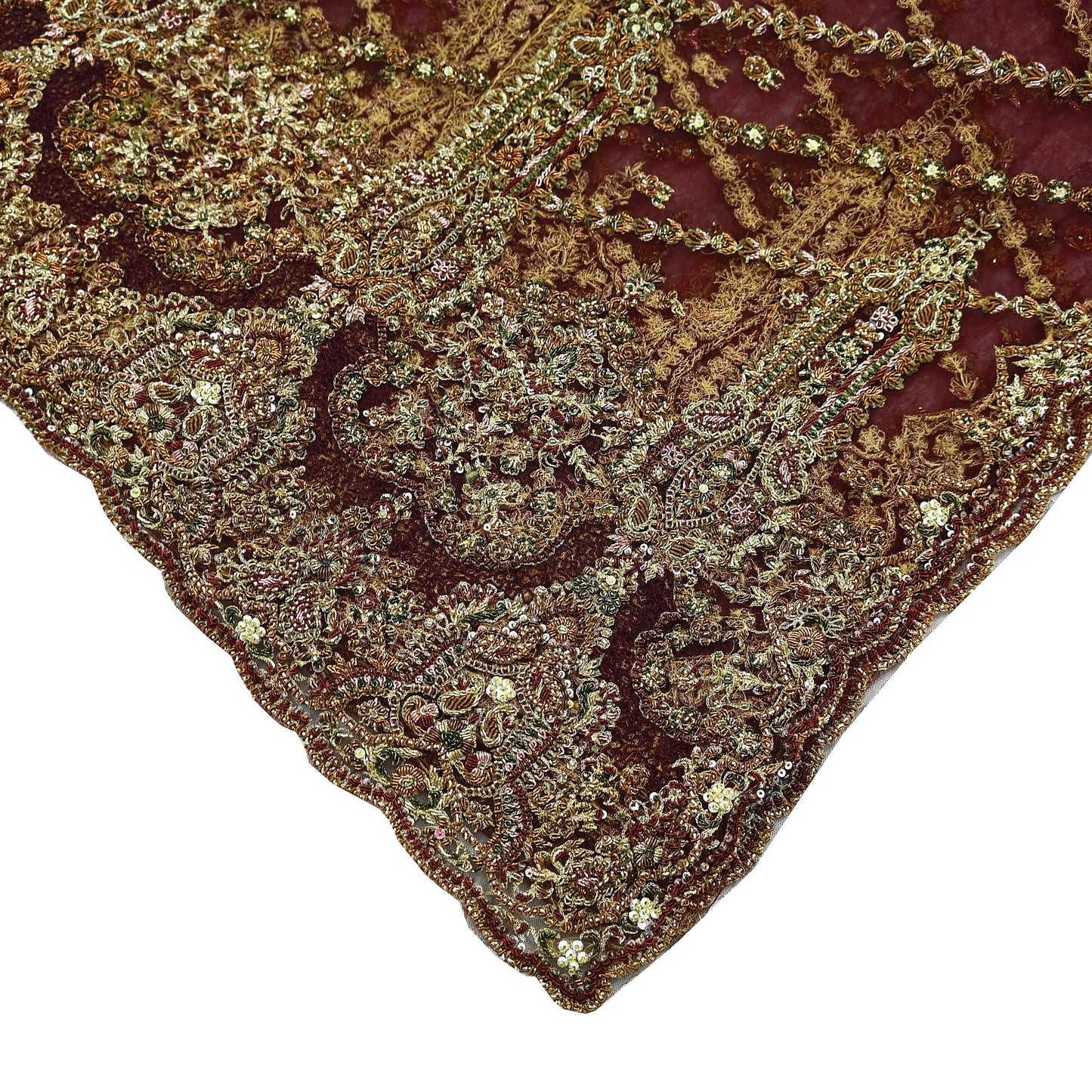 Indian Vintage Heavy Wedding Maroon Dupatta Net Mesh Long Stole Hand Embroidered Scarves Golden Zardozi Zari Sequins Dridal Veil Hijab