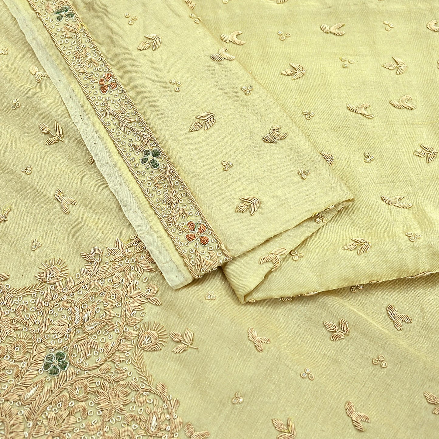Indian Vintage Heavy Golden Dupatta Pure Tissue Silk Long Stole Hand Embroidered Scarves Zari Zardozi/Dabka