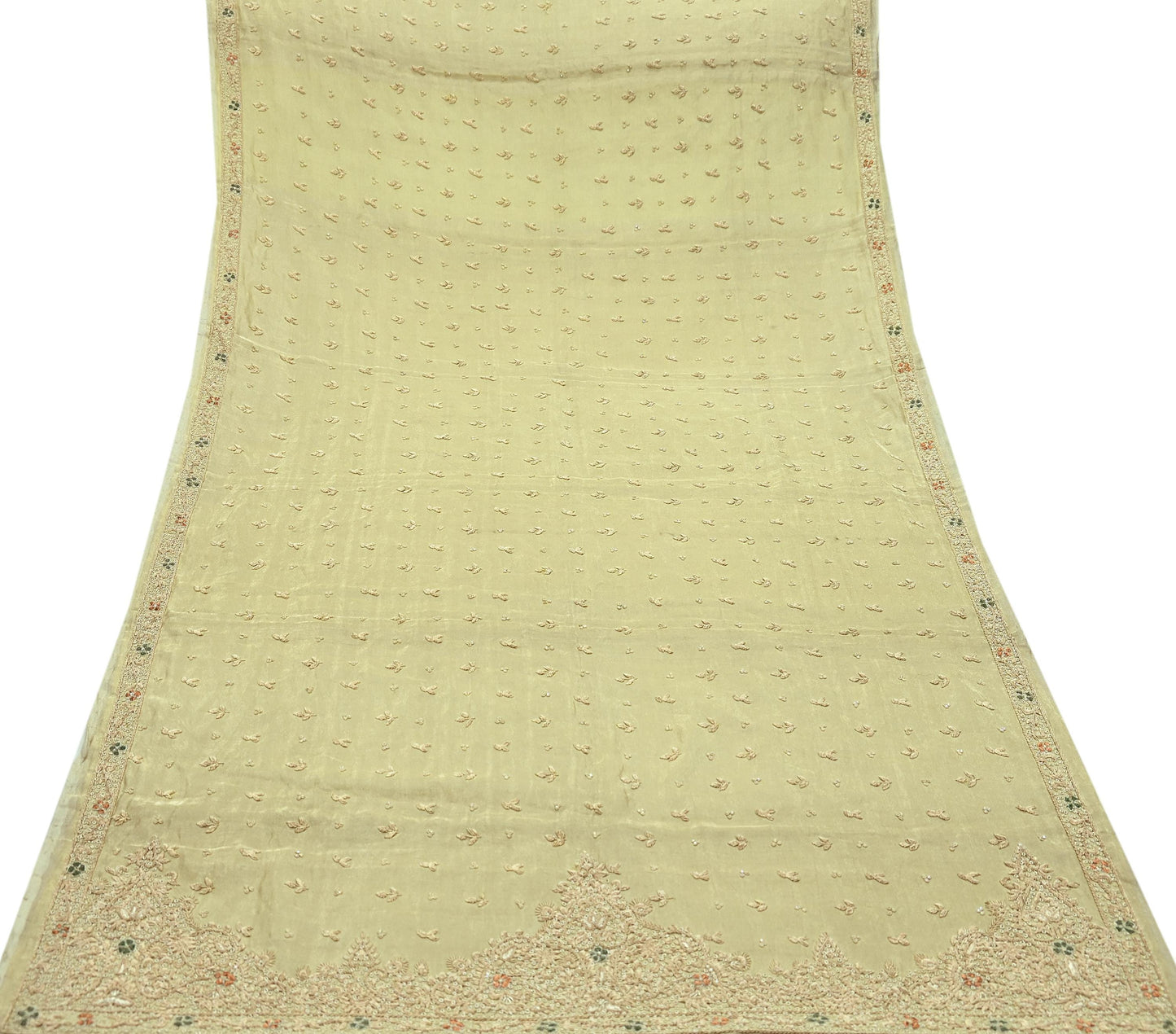 Indian Vintage Heavy Golden Dupatta Pure Tissue Silk Long Stole Hand Embroidered Scarves Zari Zardozi/Dabka