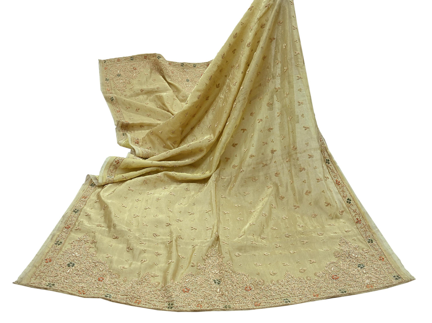 Indian Vintage Heavy Golden Dupatta Pure Tissue Silk Long Stole Hand Embroidered Scarves Zari Zardozi/Dabka
