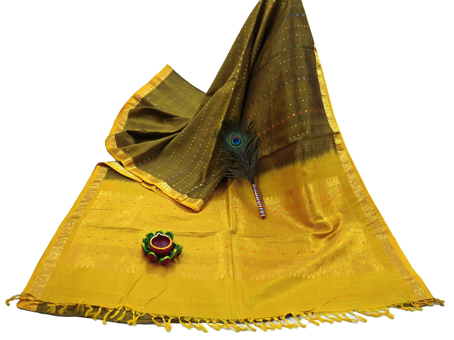 Indian Vintage Heavy Sari Green & Yellow Kanjivaram Saree 100% Pure Silk Zari 5Yd Crafting Dress making For Crafting Quilting Upcycle