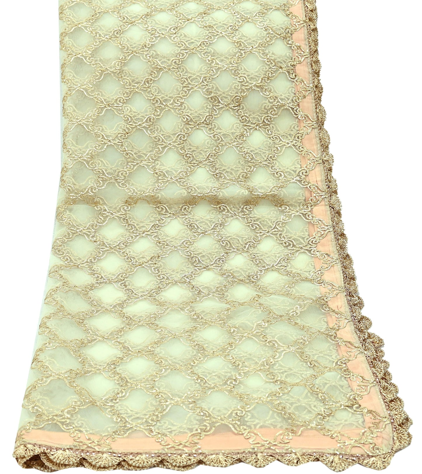 Indian Vintage Heavy Ivory Dupatta Net Mesh Long Stole Hand Embroidered Scarves Zardozi Dabka Zari Sequins Bridal Wedding Veil Hijab