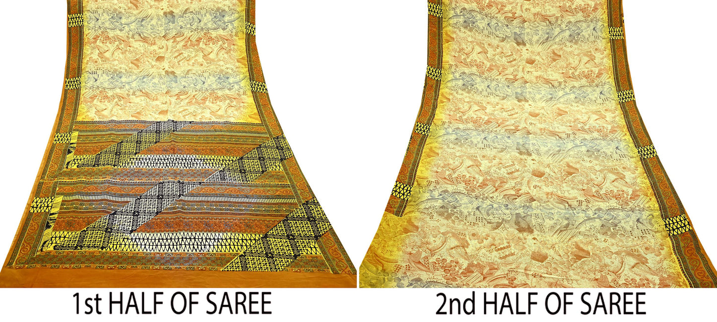 Indian Vintage Sari Ivory & Mustard Pure Crepe Silk Printed Sarees 6yd Sewing Soft Craft Fabric Wrap Dress Making Crafting Quilting Upcycle