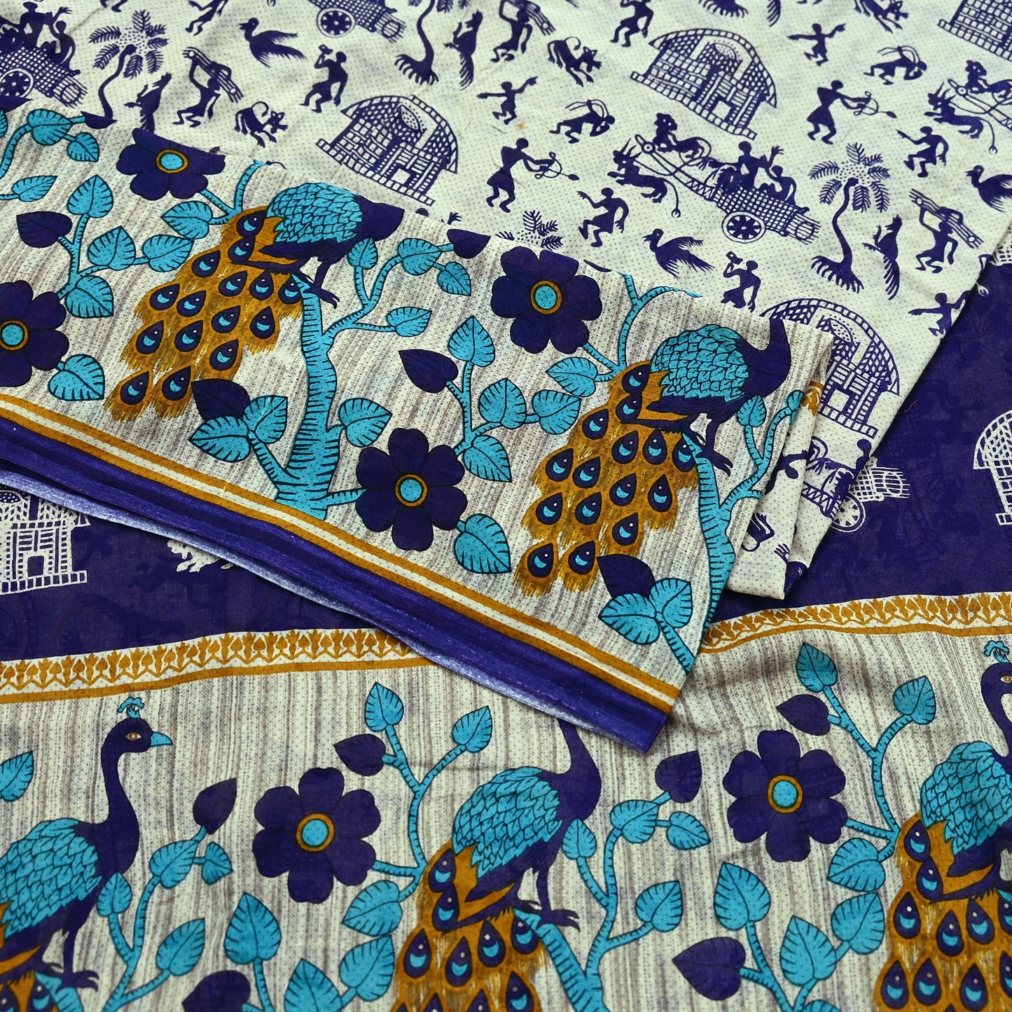 Indian Vintage Blue & Cream Saree Printed 100% Pure Cotton Sari Craft Fabric Soft 5Yd Sewing Sarong Wrap Boho Peacock