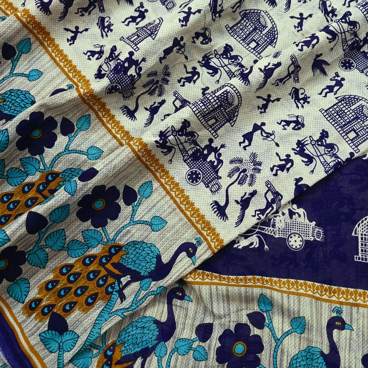 Indian Vintage Blue & Cream Saree Printed 100% Pure Cotton Sari Craft Fabric Soft 5Yd Sewing Sarong Wrap Boho Peacock