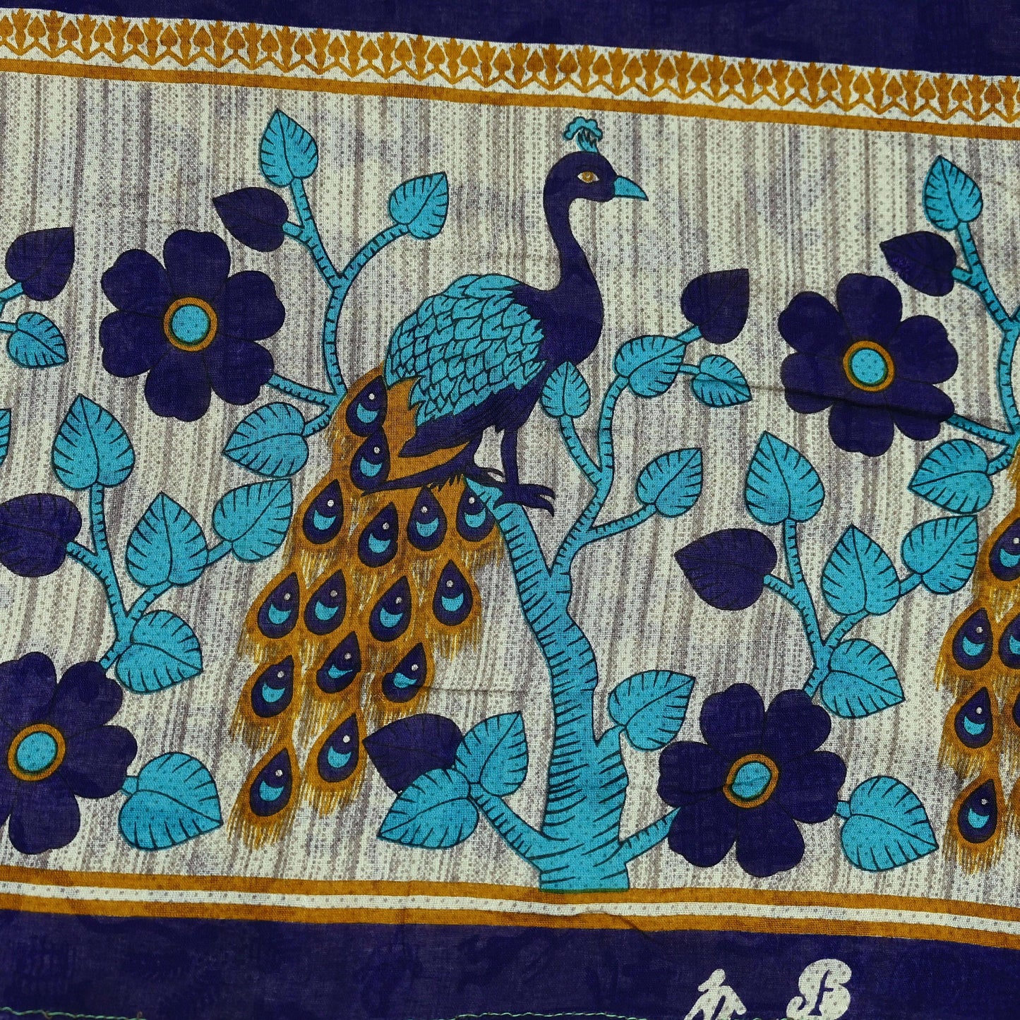 Indian Vintage Blue & Cream Saree Printed 100% Pure Cotton Sari Craft Fabric Soft 5Yd Sewing Sarong Wrap Boho Peacock