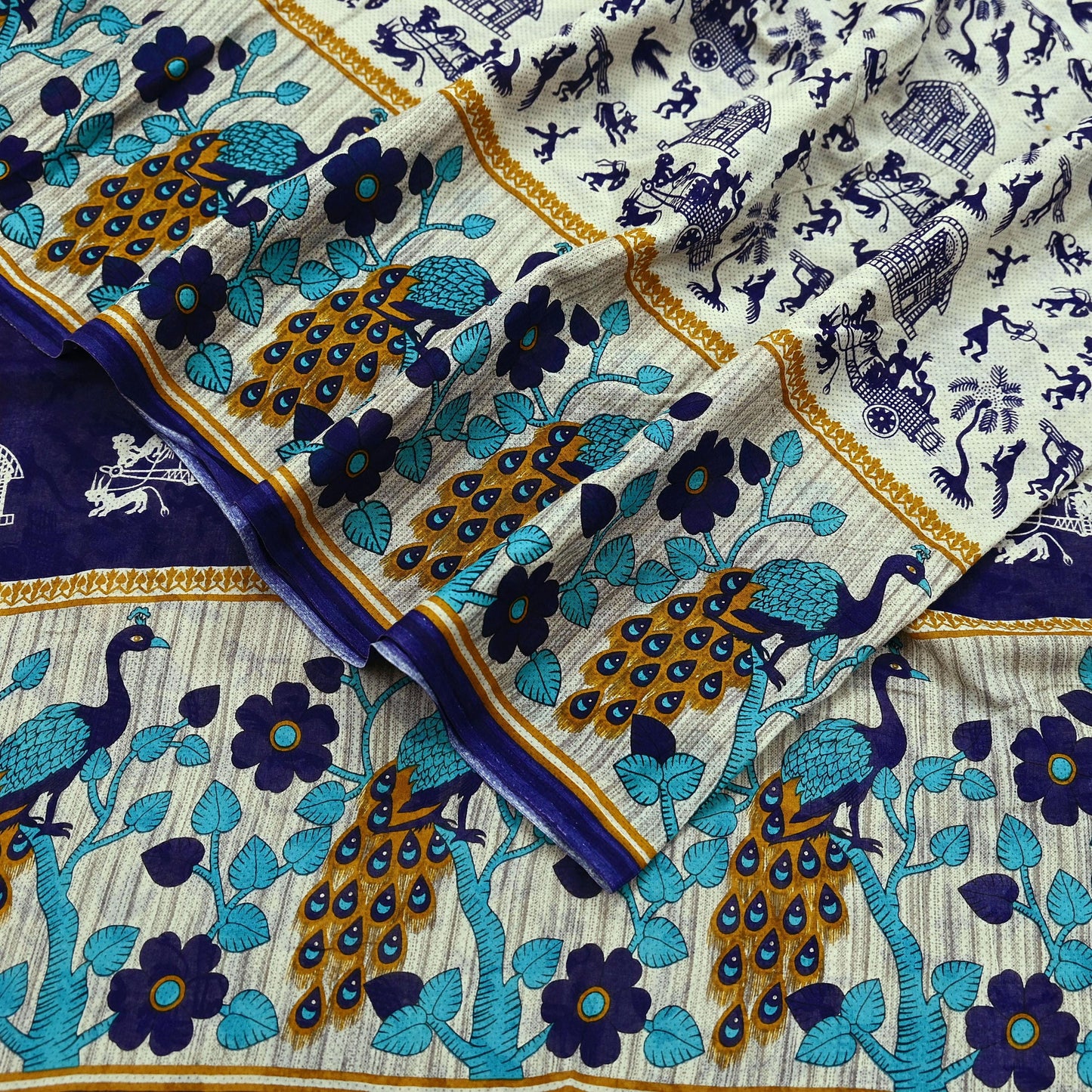 Indian Vintage Blue & Cream Saree Printed 100% Pure Cotton Sari Craft Fabric Soft 5Yd Sewing Sarong Wrap Boho Peacock