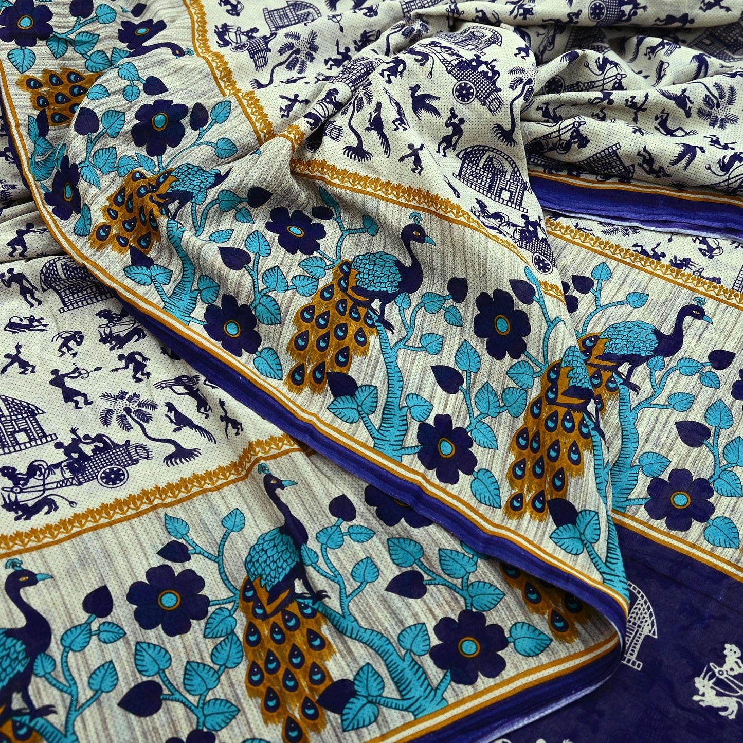 Indian Vintage Blue & Cream Saree Printed 100% Pure Cotton Sari Craft Fabric Soft 5Yd Sewing Sarong Wrap Boho Peacock