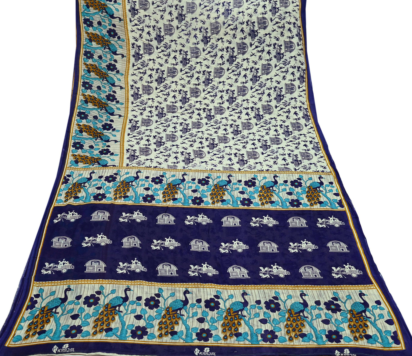 Indian Vintage Blue & Cream Saree Printed 100% Pure Cotton Sari Craft Fabric Soft 5Yd Sewing Sarong Wrap Boho Peacock