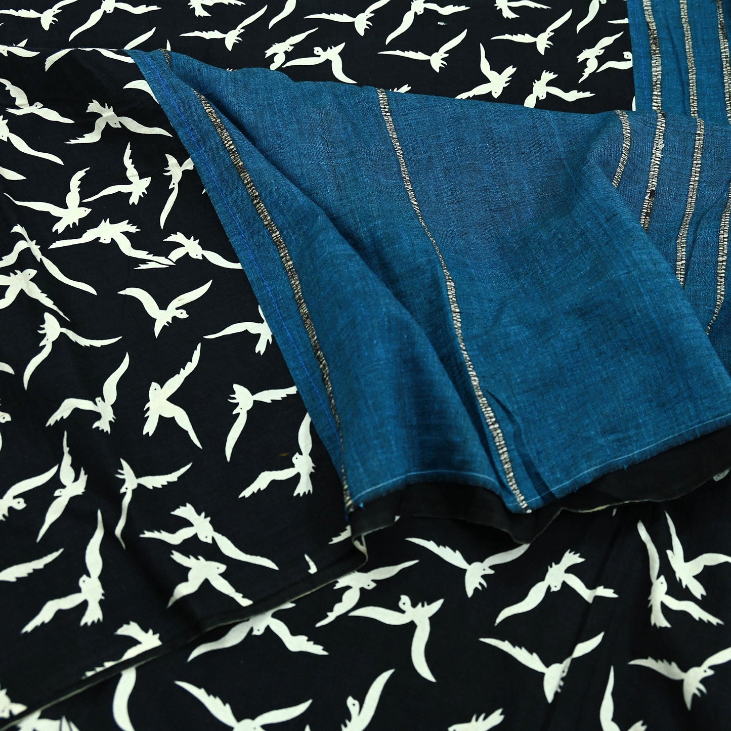Indian Vintage Blue & Black Saree Hand Block Printed 100% Pure Cotton Sari Soft Craft Fabric 5Yd Dress making Crafting Upcycle Quilting