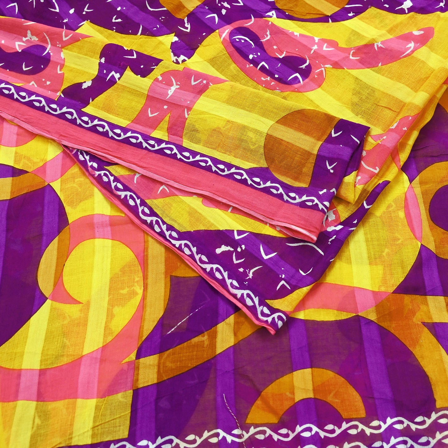 Indian Vintage Sari Purple & yellow Printed Sarees Pure Cotton Craft Fabric 5Yd Soft Sewing Sarong Wrap Boho Upcycle Quilting Crafting Used
